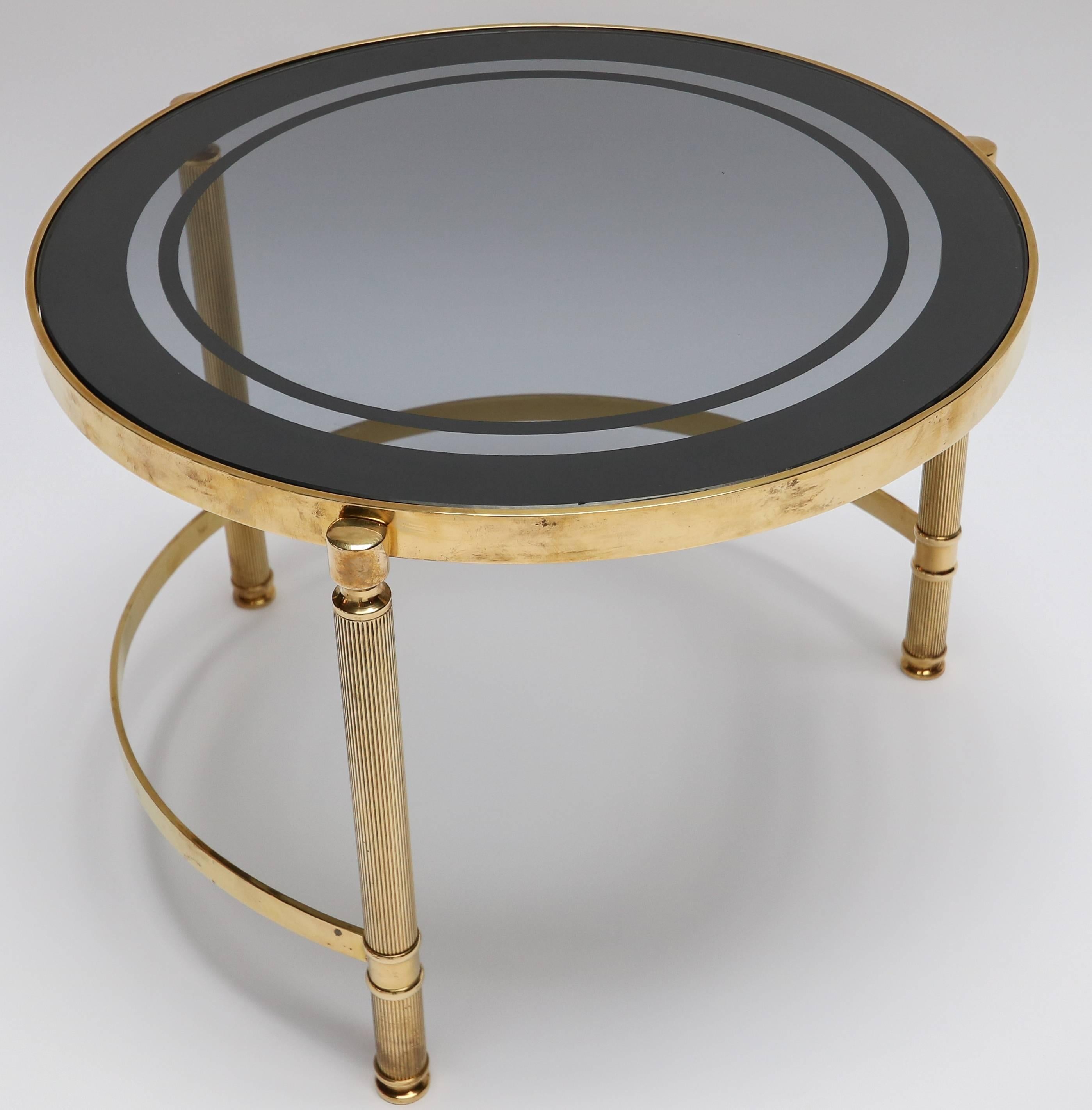 Italian Set of Three Round Brass Nesting Tables with Smoked Glass Tops