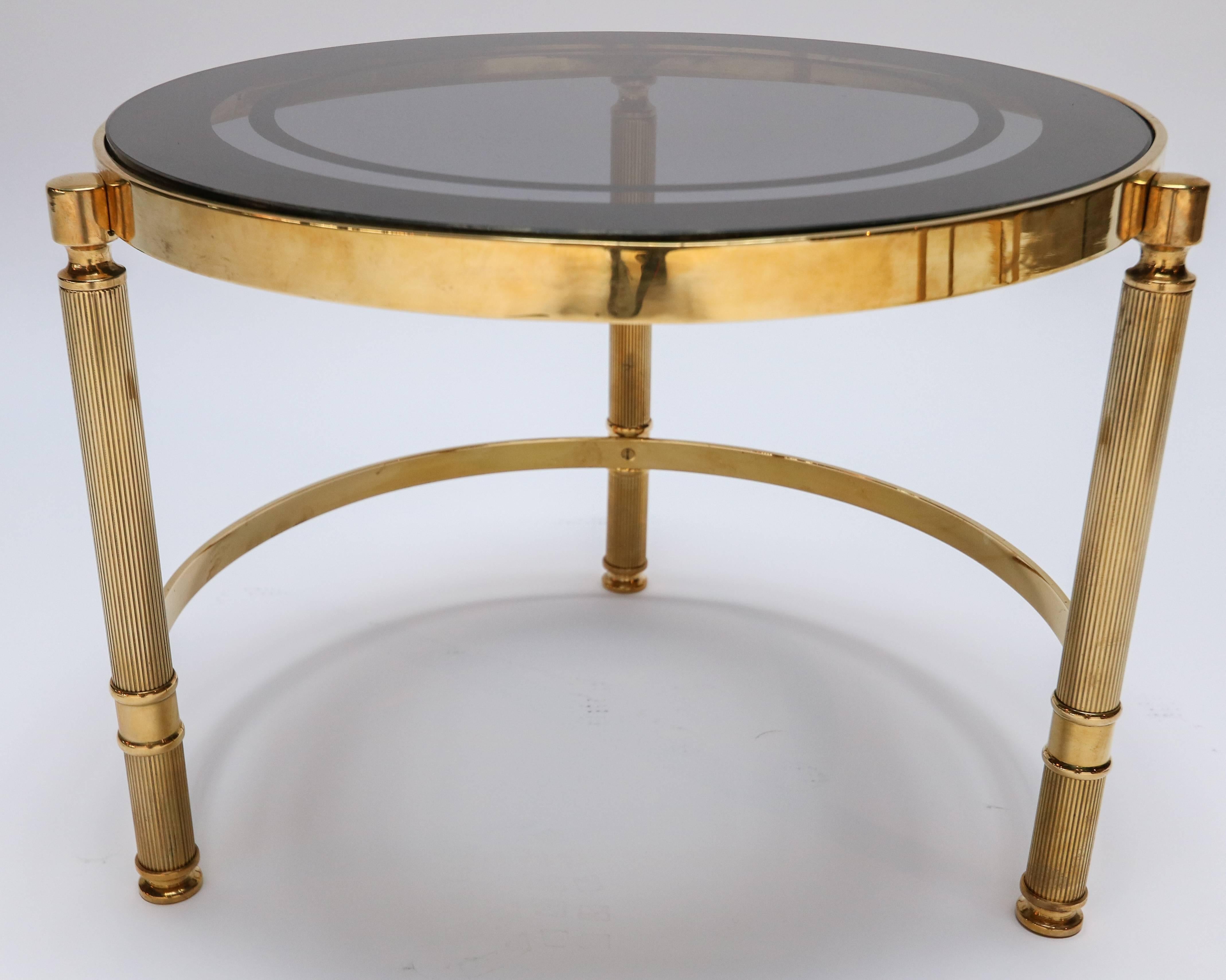 Late 20th Century Set of Three Round Brass Nesting Tables with Smoked Glass Tops
