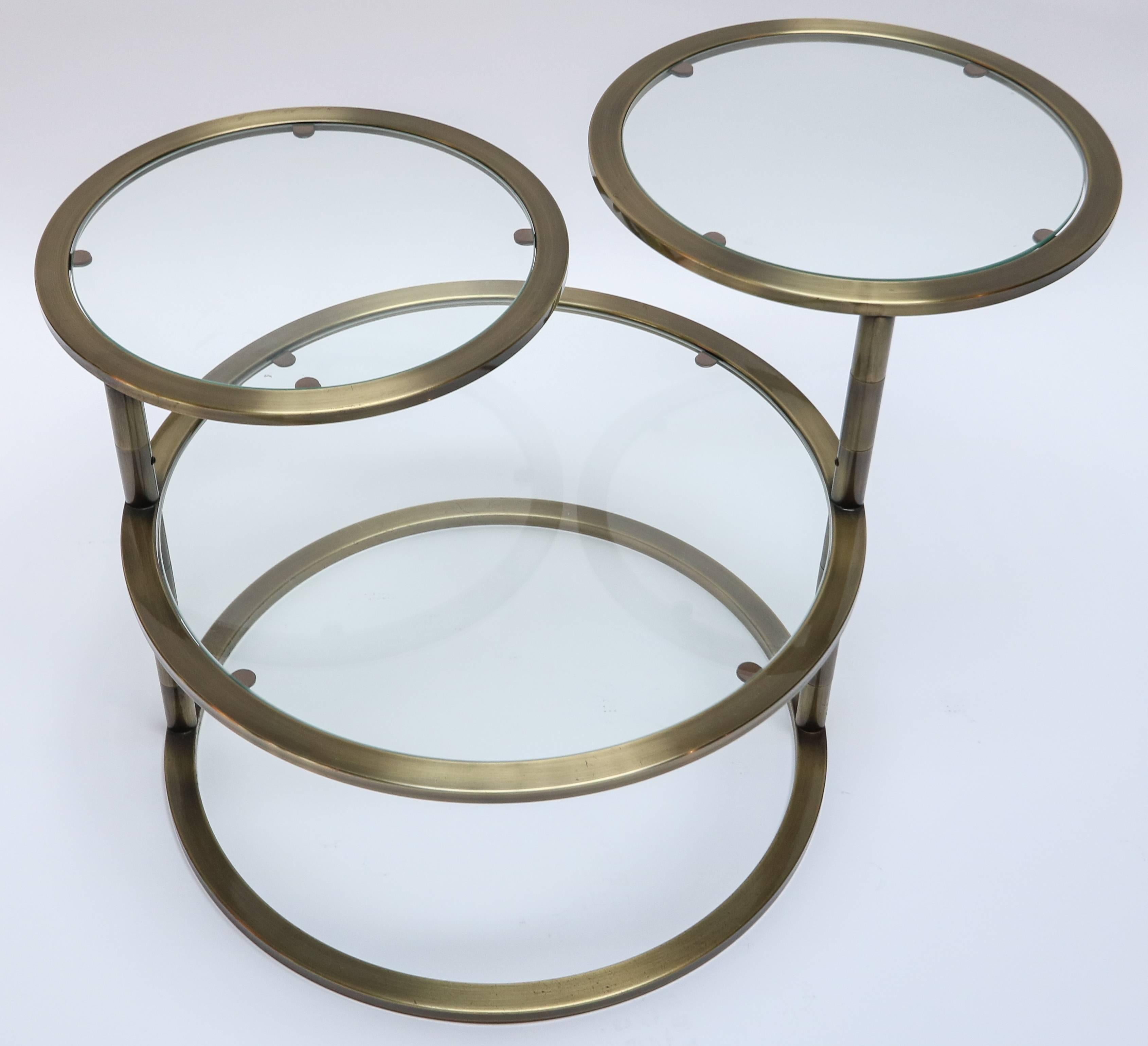 Italian Three-Tiered Brass Coffee / Side Table with Adjustable Round Glass Shelves For Sale