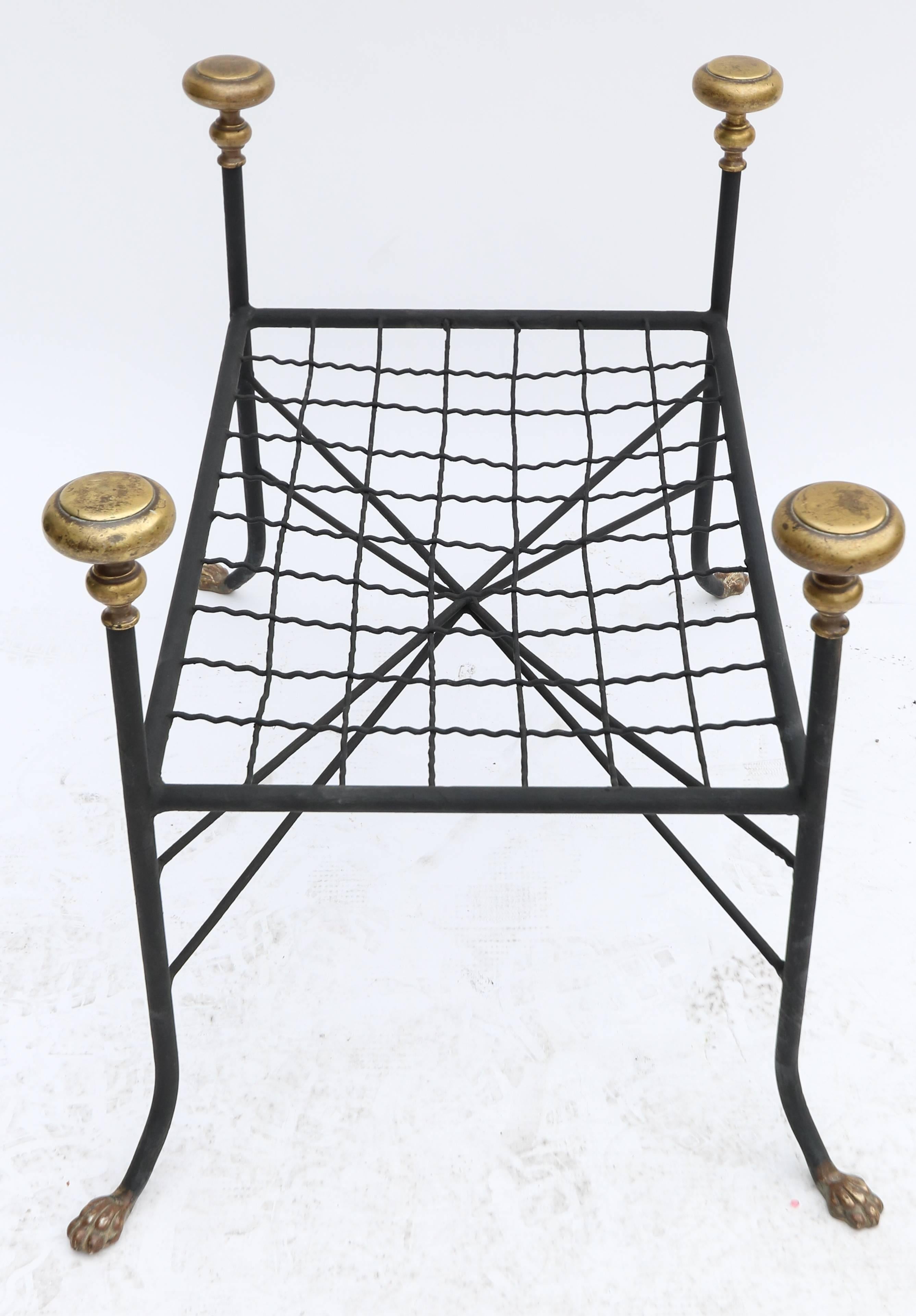 Italian Black Metal Bench or Stool with Brass Finials and Claw Feet For Sale