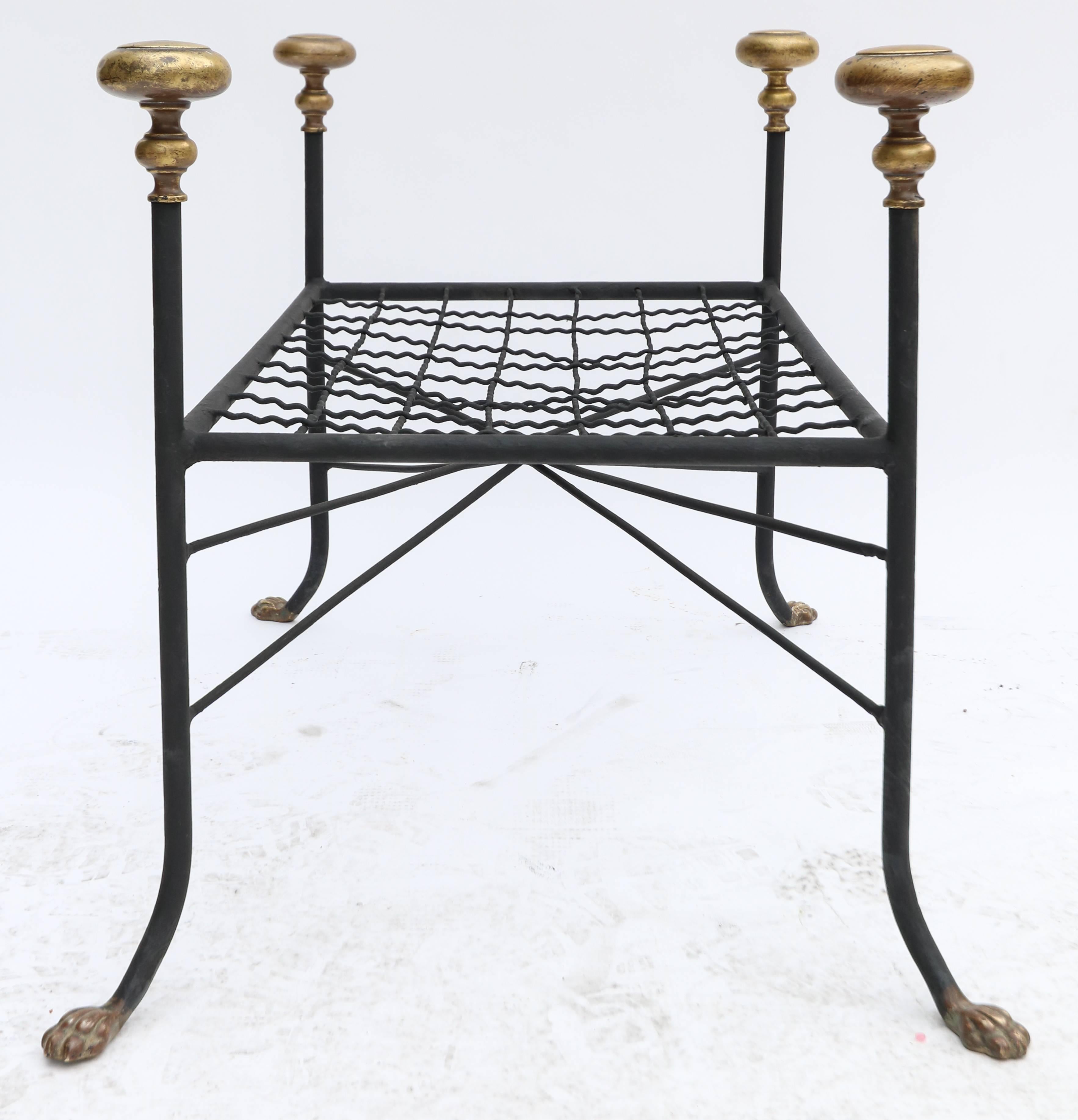 Black Metal Bench or Stool with Brass Finials and Claw Feet In Good Condition For Sale In Los Angeles, CA