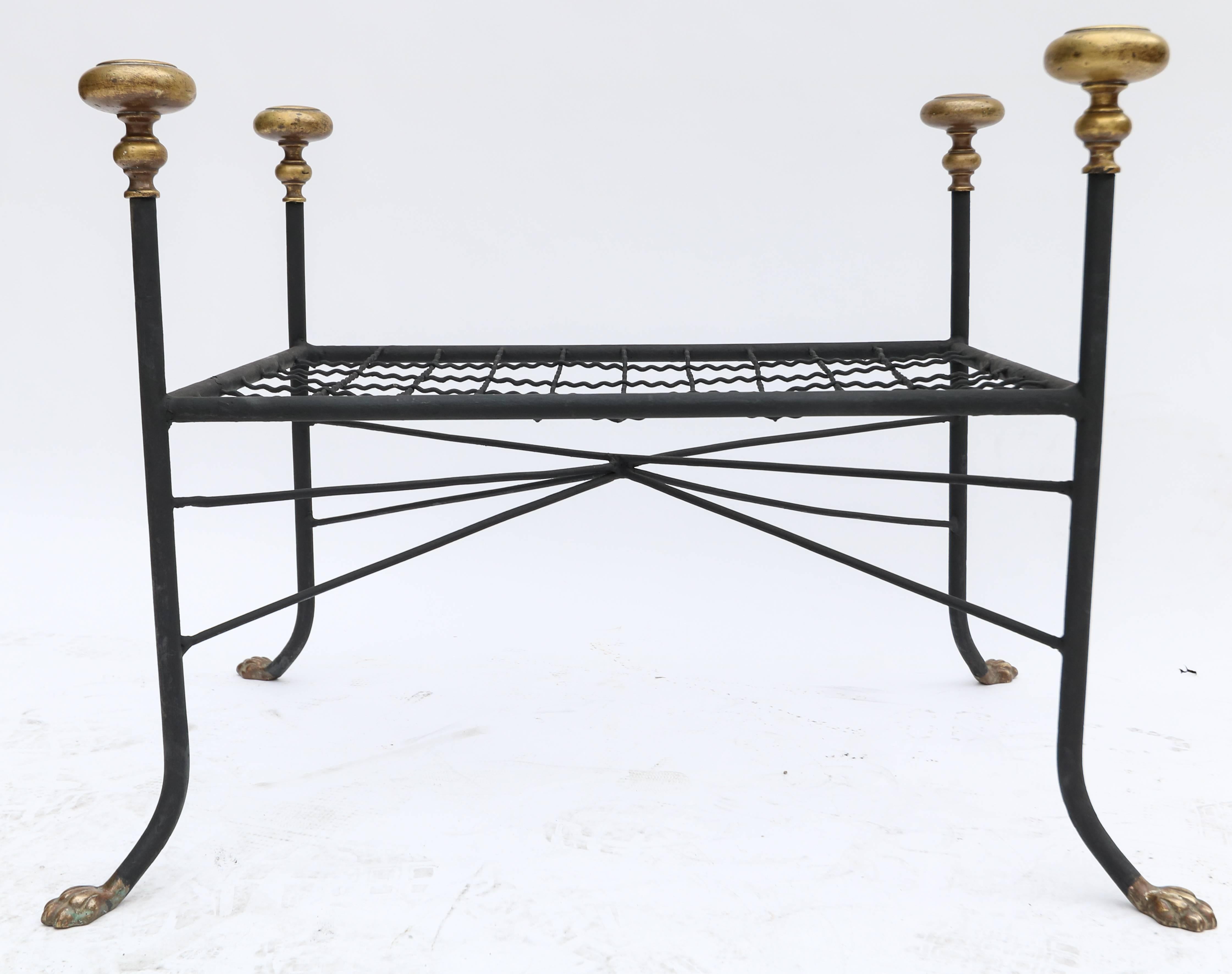 Mid-Century Modern Black Metal Bench or Stool with Brass Finials and Claw Feet For Sale