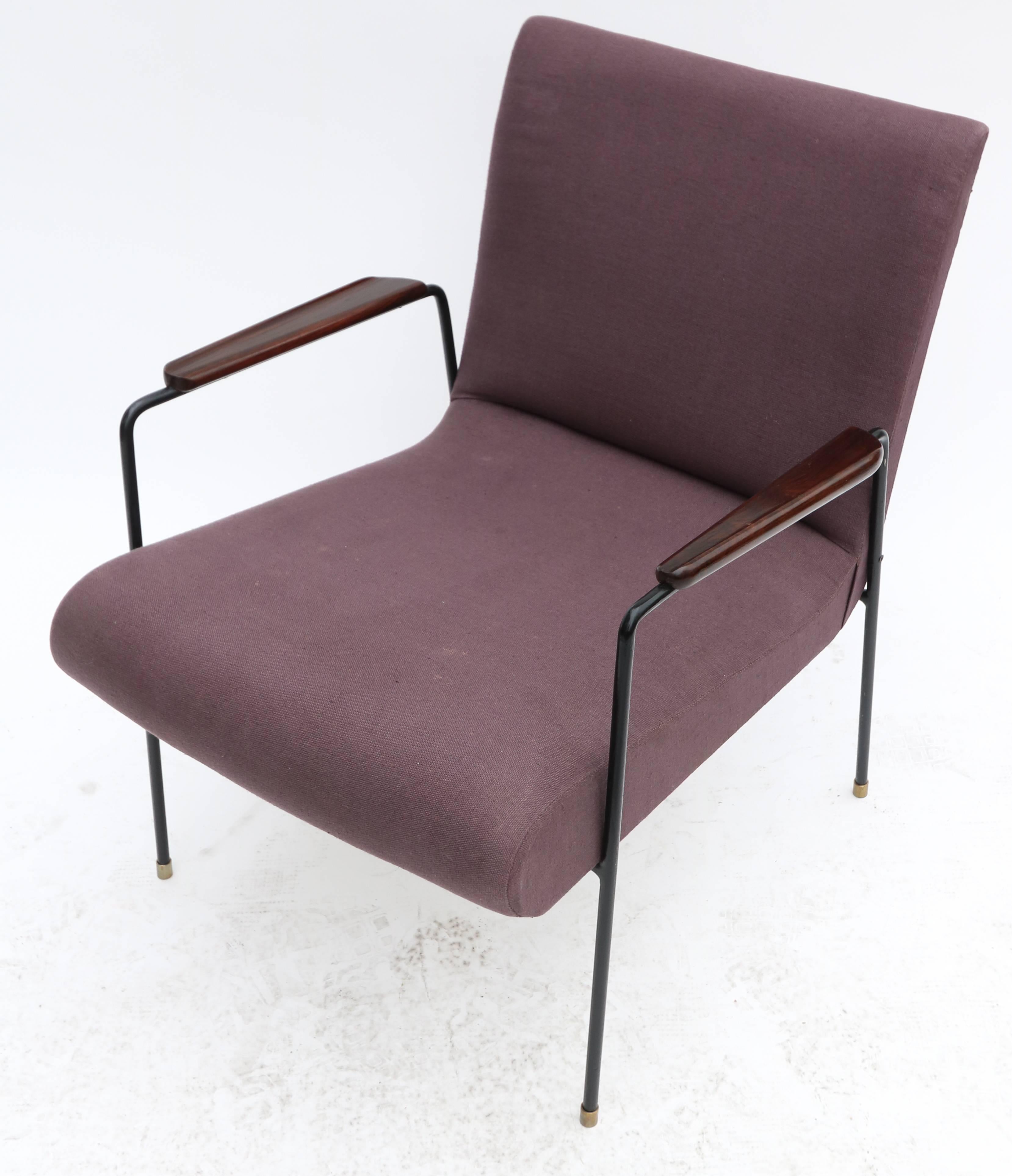 Pair of 1960s black metal armchairs with Brazilian jacaranda wood armrests, upholstered in violet linen.