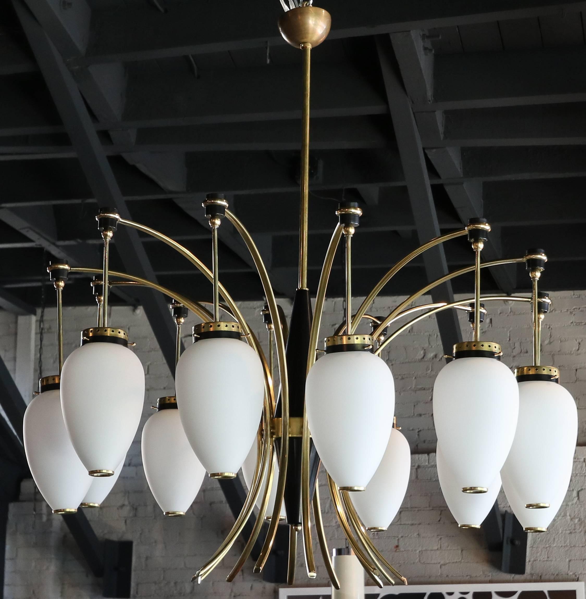 French twelve-arm chandelier from the 1960s in brass, black metal with opaque white shades.