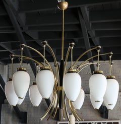 French 1960s Brass and White Glass Chandelier