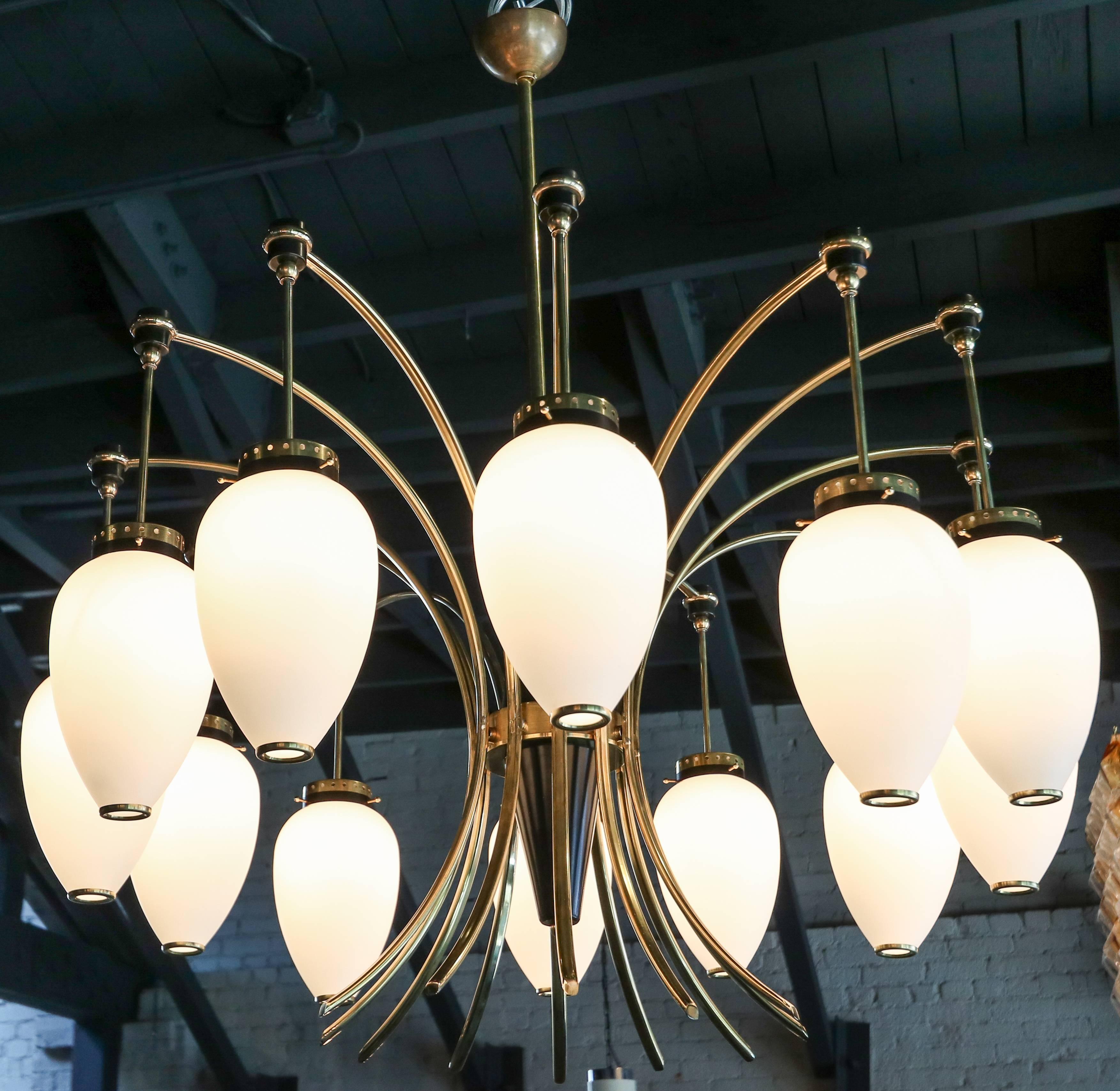 French 1960s Brass and White Glass Chandelier For Sale 2