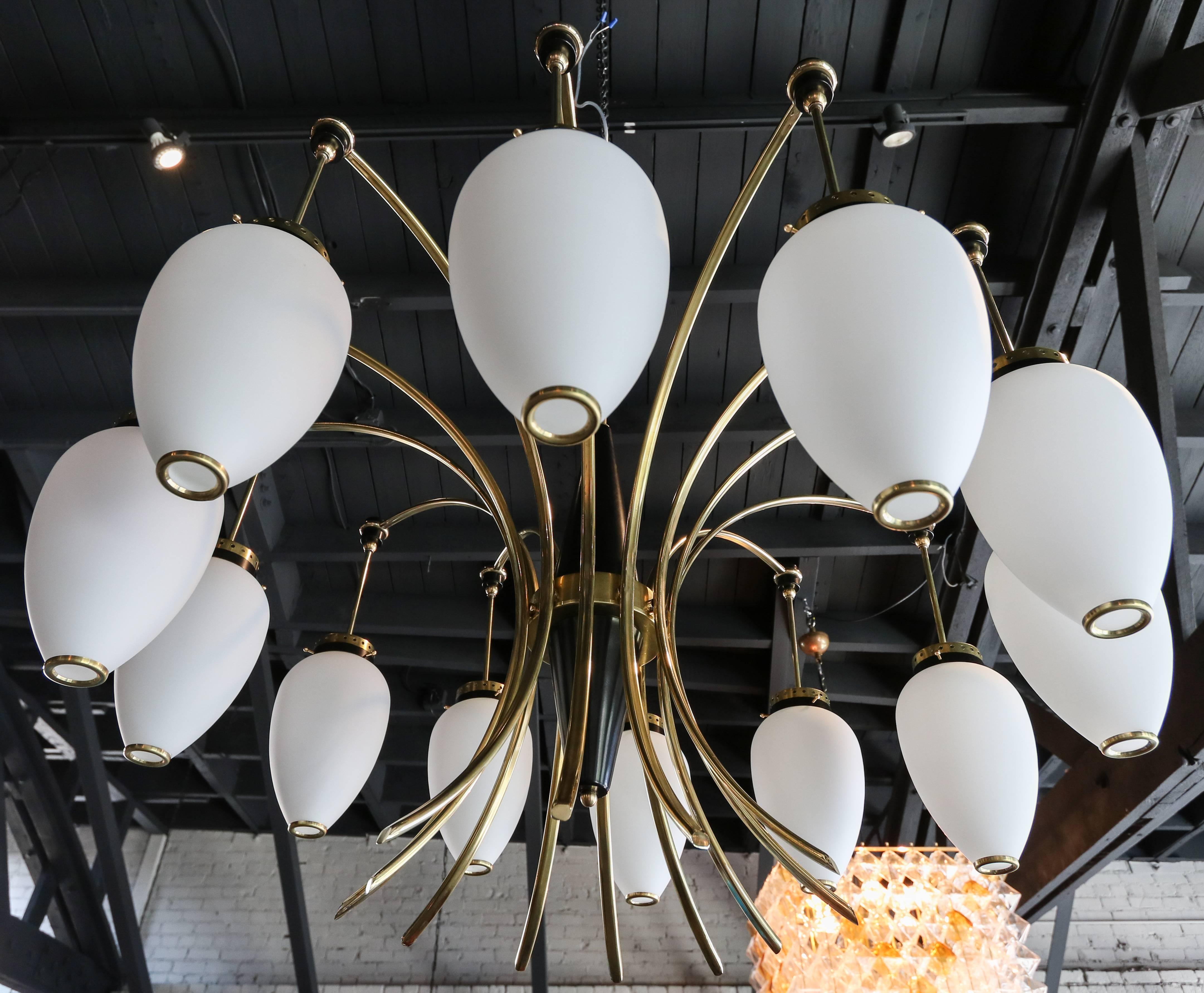 Mid-Century Modern French 1960s Brass and White Glass Chandelier For Sale