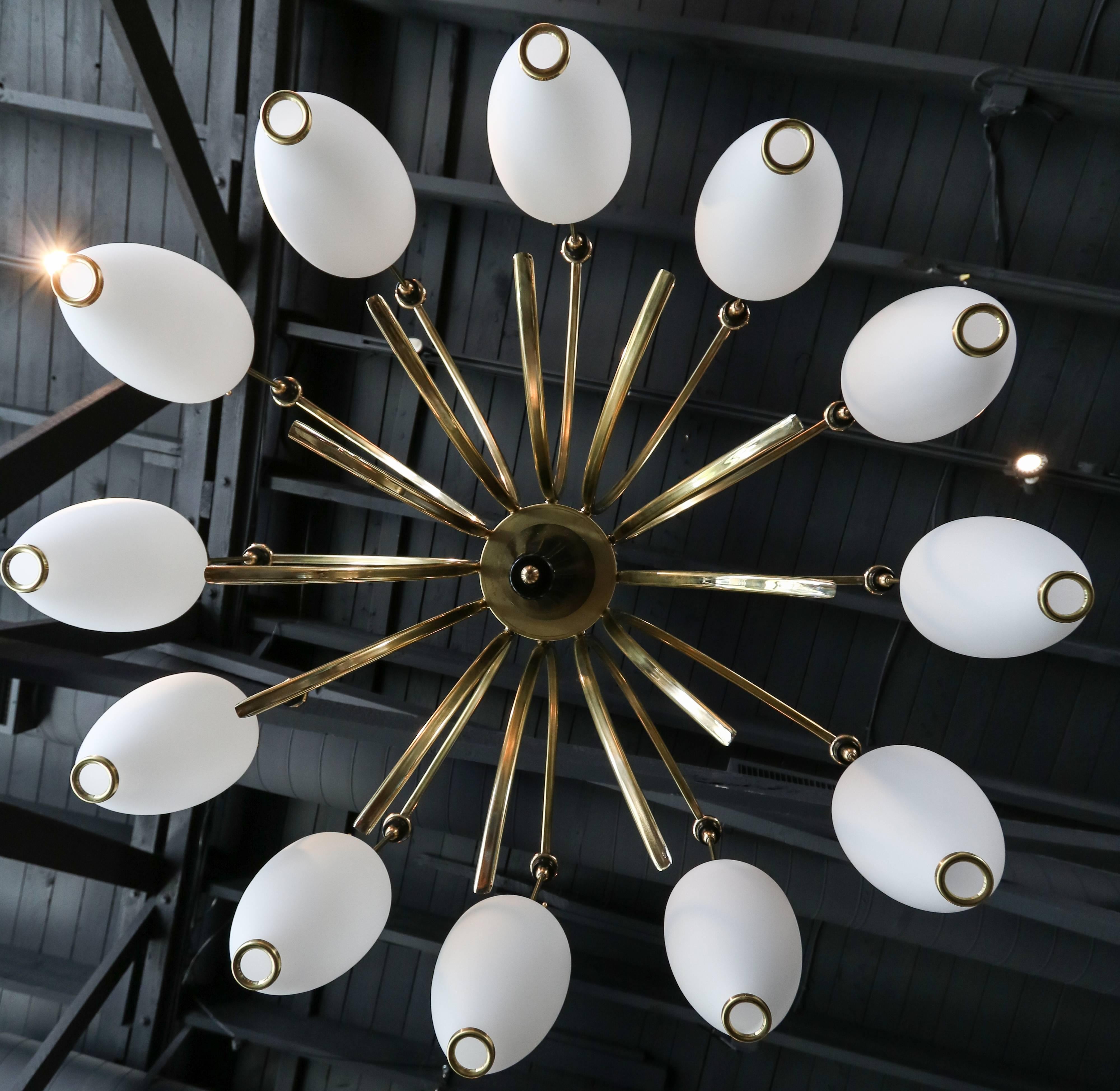 French 1960s Brass and White Glass Chandelier In Good Condition For Sale In Los Angeles, CA