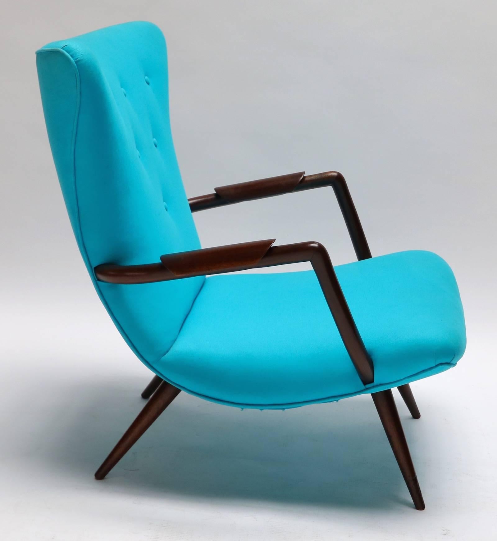 Brésilien Paire de fauteuils en bois de Paulistana brésilien bleu dans le style de Scapinelli en vente