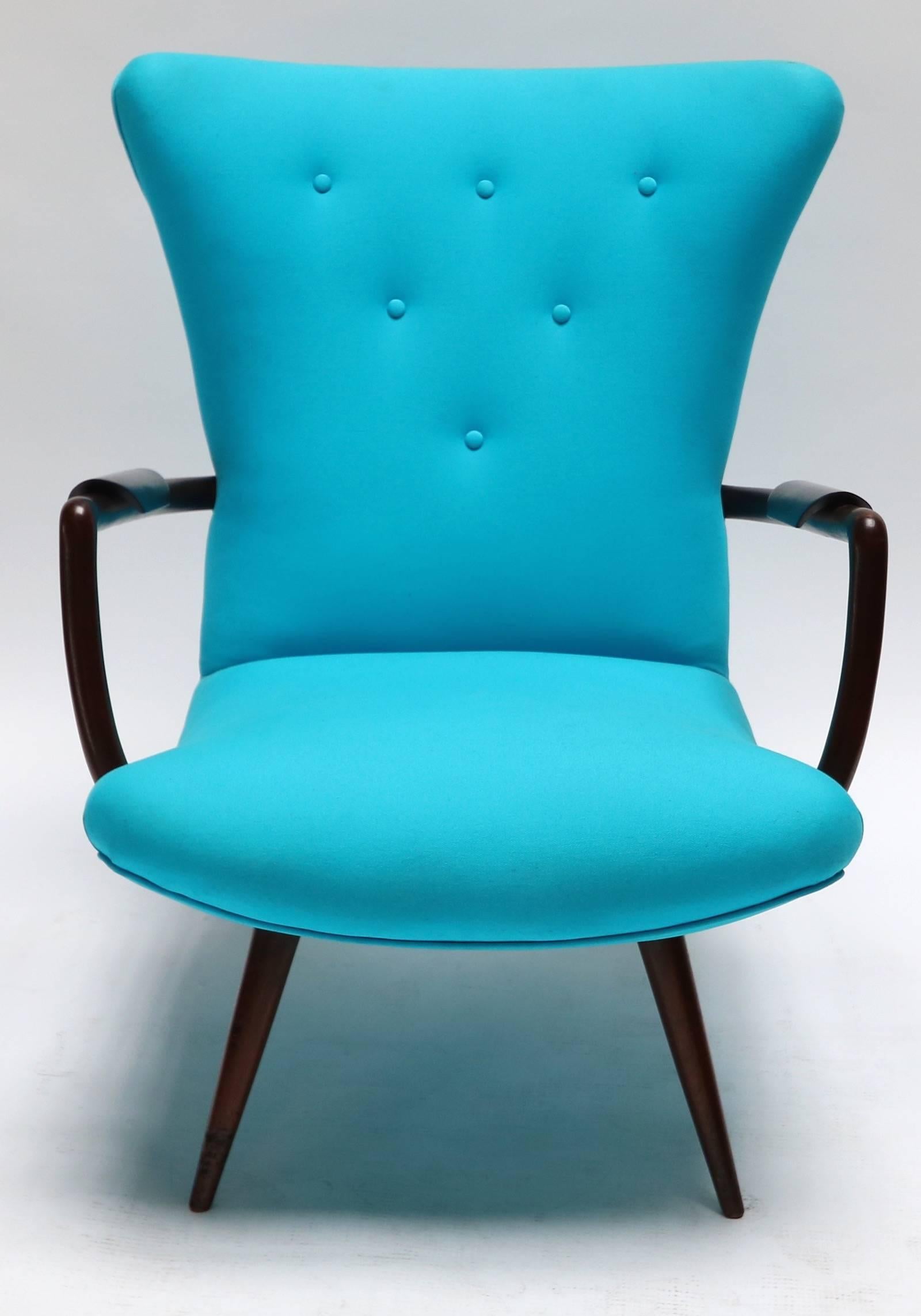 Mid-Century Modern Pair of Blue Brazilian Paulistana Wood Armchairs in the Style of Scapinelli For Sale