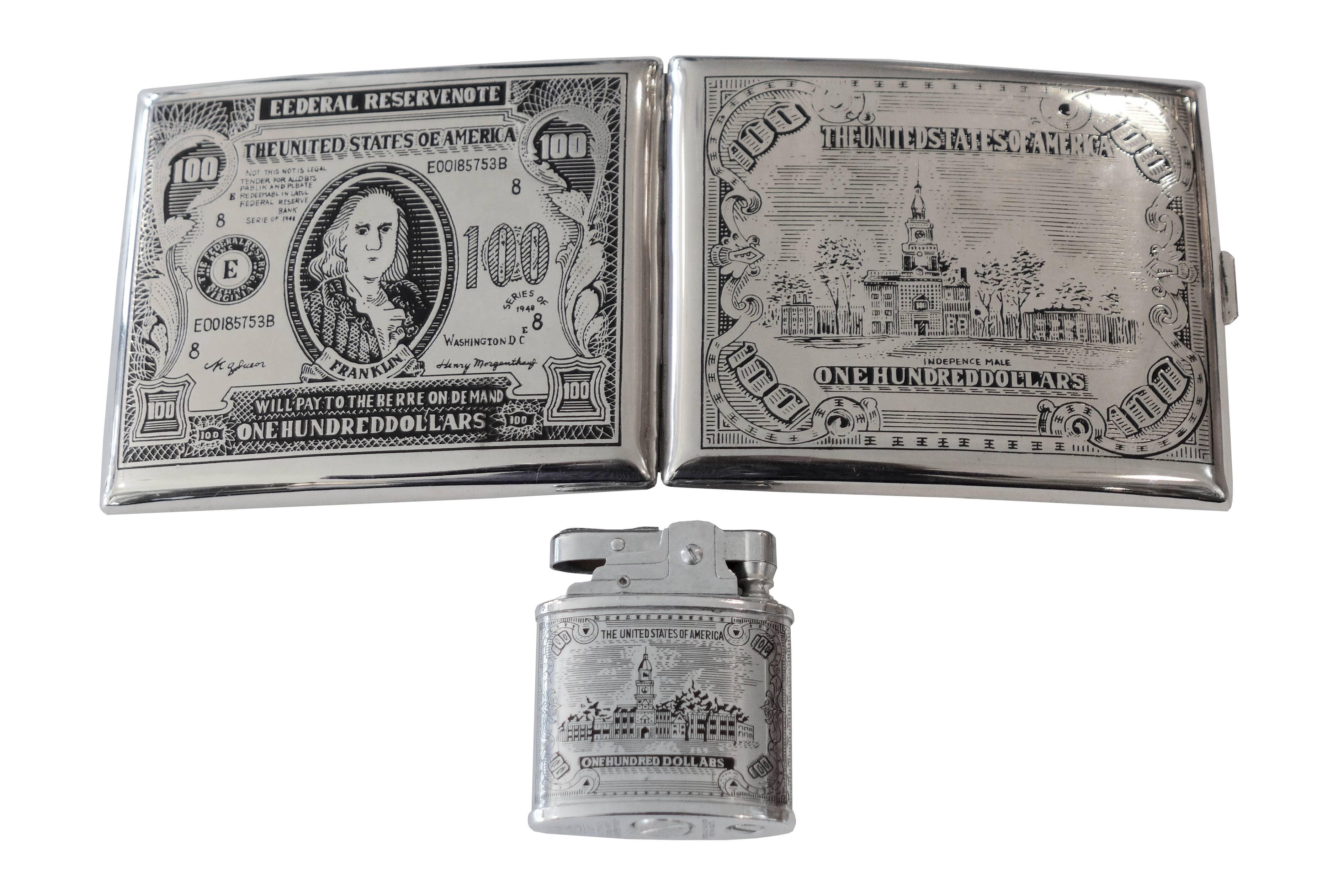 A 1940 cigarette case depicting a US $100 bill with a matching $100 bill lighter.