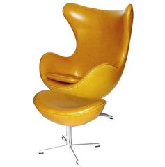 Outstanding Egg Chair W/Ottoman in Yolk/Tan Leather by Arne Jacobsen