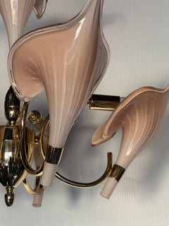 1970s Pink Lily Art Glass Chandelier By Murano Italy