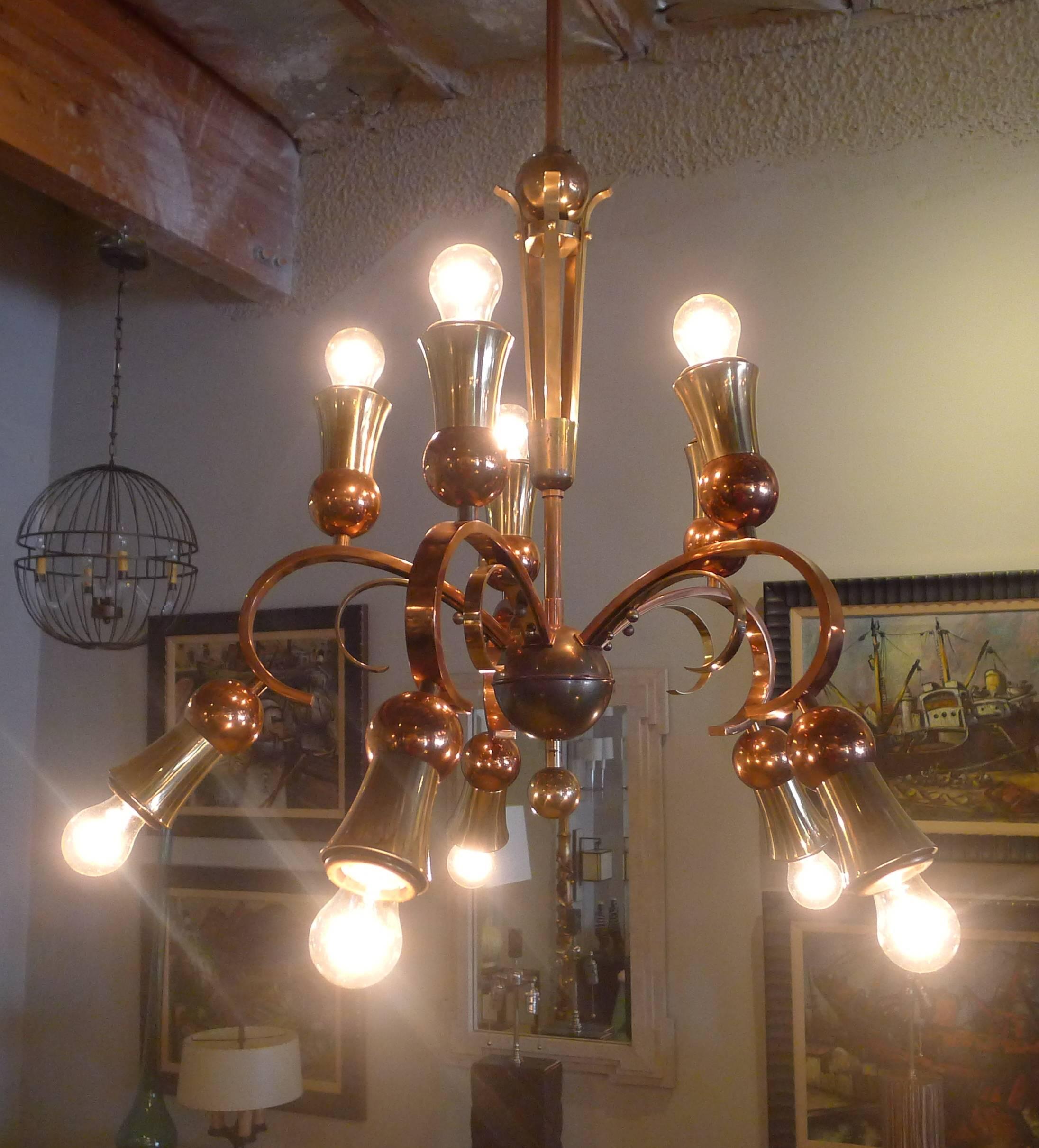 Brass and Copper Chandelier For Sale 5