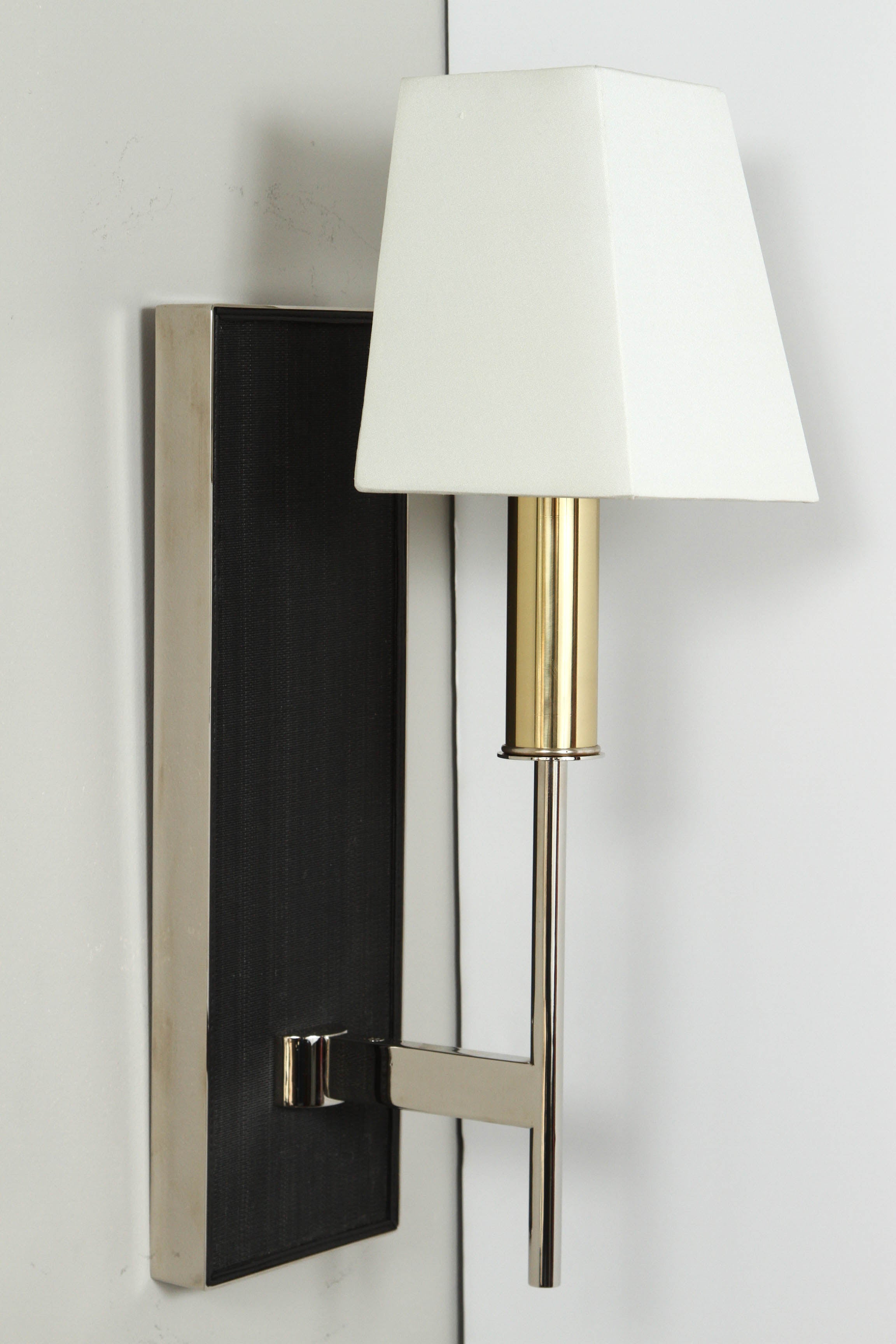 Paul Marra One-Arm Horsehair Sconce with graphite colored horsehair, leather trim, brass candle cover, custom shield silk shade, polish nickel finish. By order. Production lead approximately 8-10 weeks. Overall Height: is 18