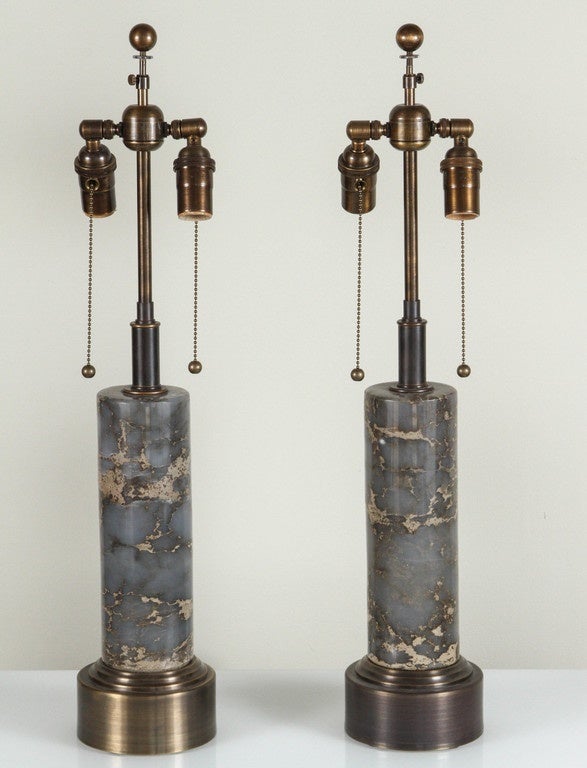 Pair of elegant mineral core table lamps with new hardware and electrical.