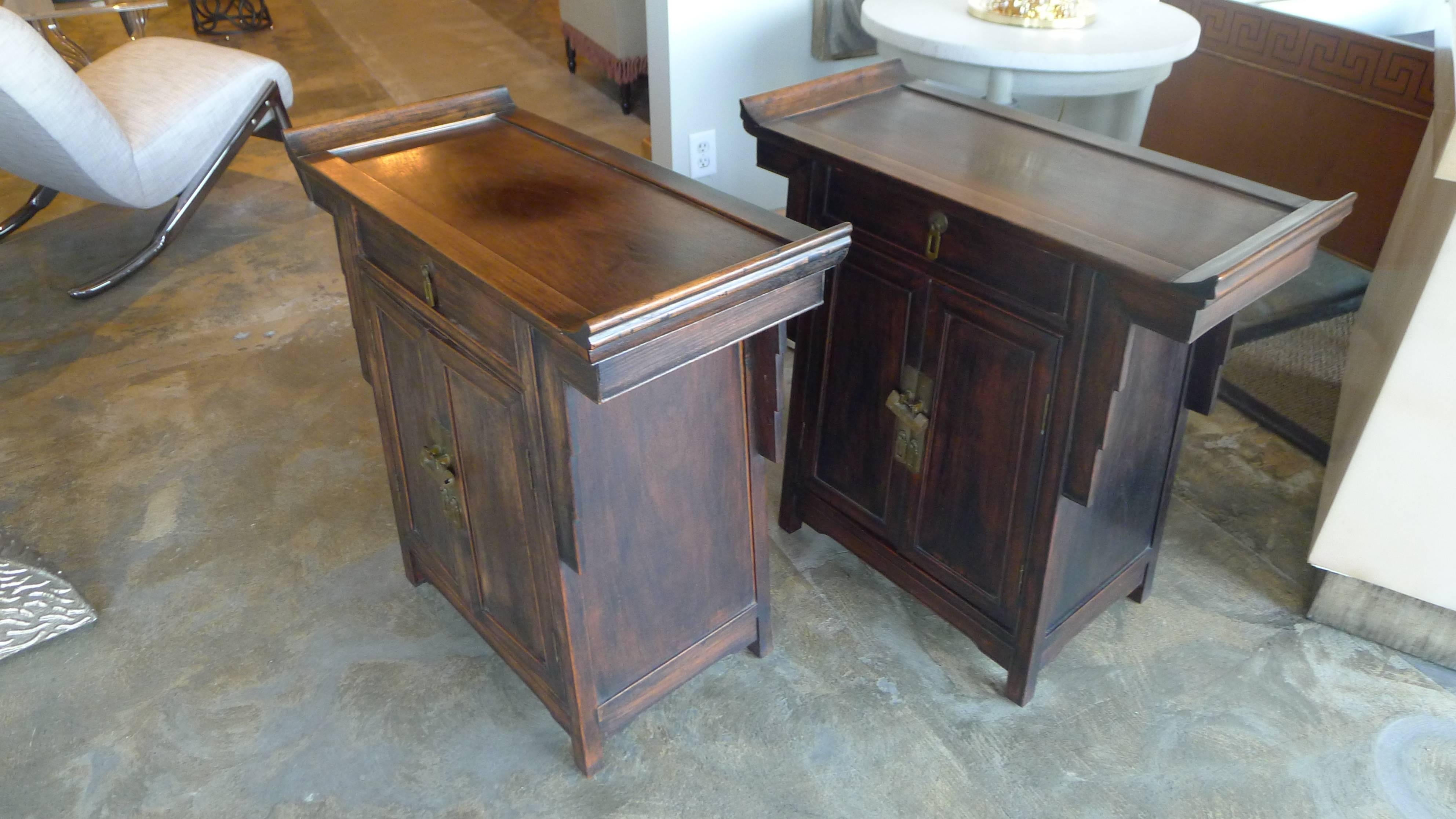Pair of wood cabinets each with one drawer and two doors and with decorative locking hardware (one has a shelf). These are antique condition, refer to condition comments.
 