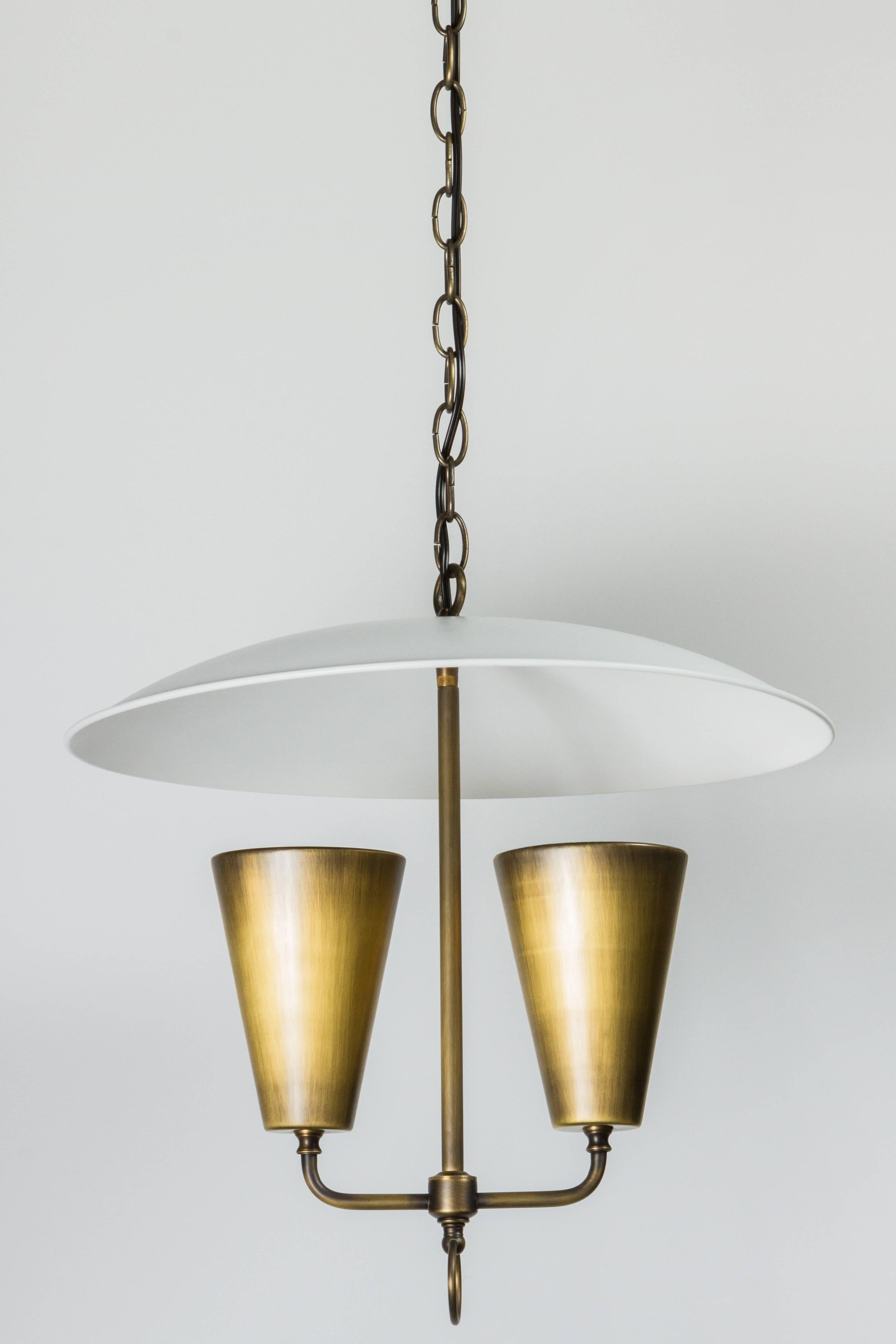 Mid-century brass pendant, Lightolier style, dome-shape. Restored with new finish and electrical. Total drop height with canopy, chain, fixture is 52 inches.