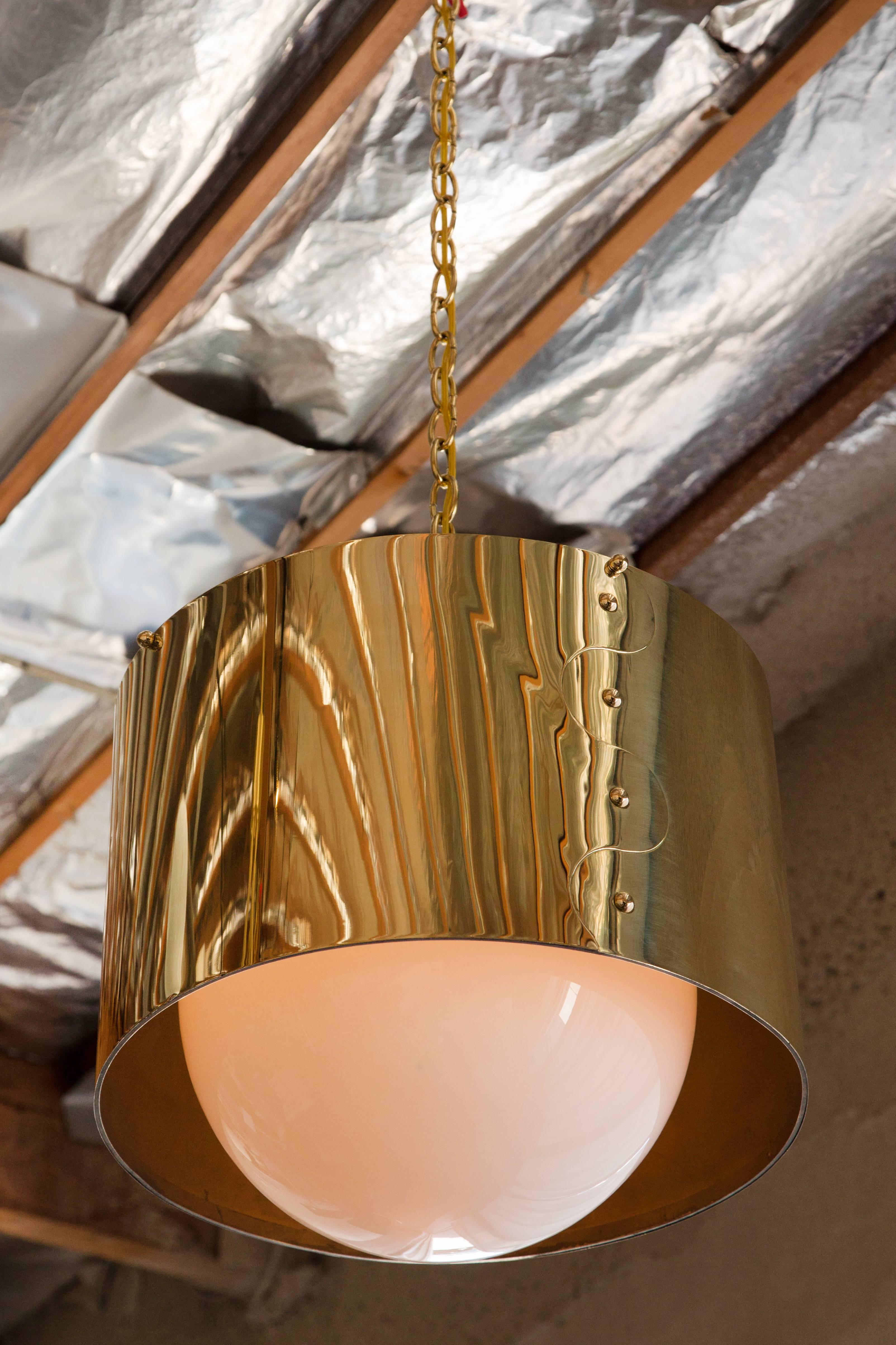 Mid-Century Brass Drum Restored Pendant or Chandelier In Excellent Condition In Los Angeles, CA