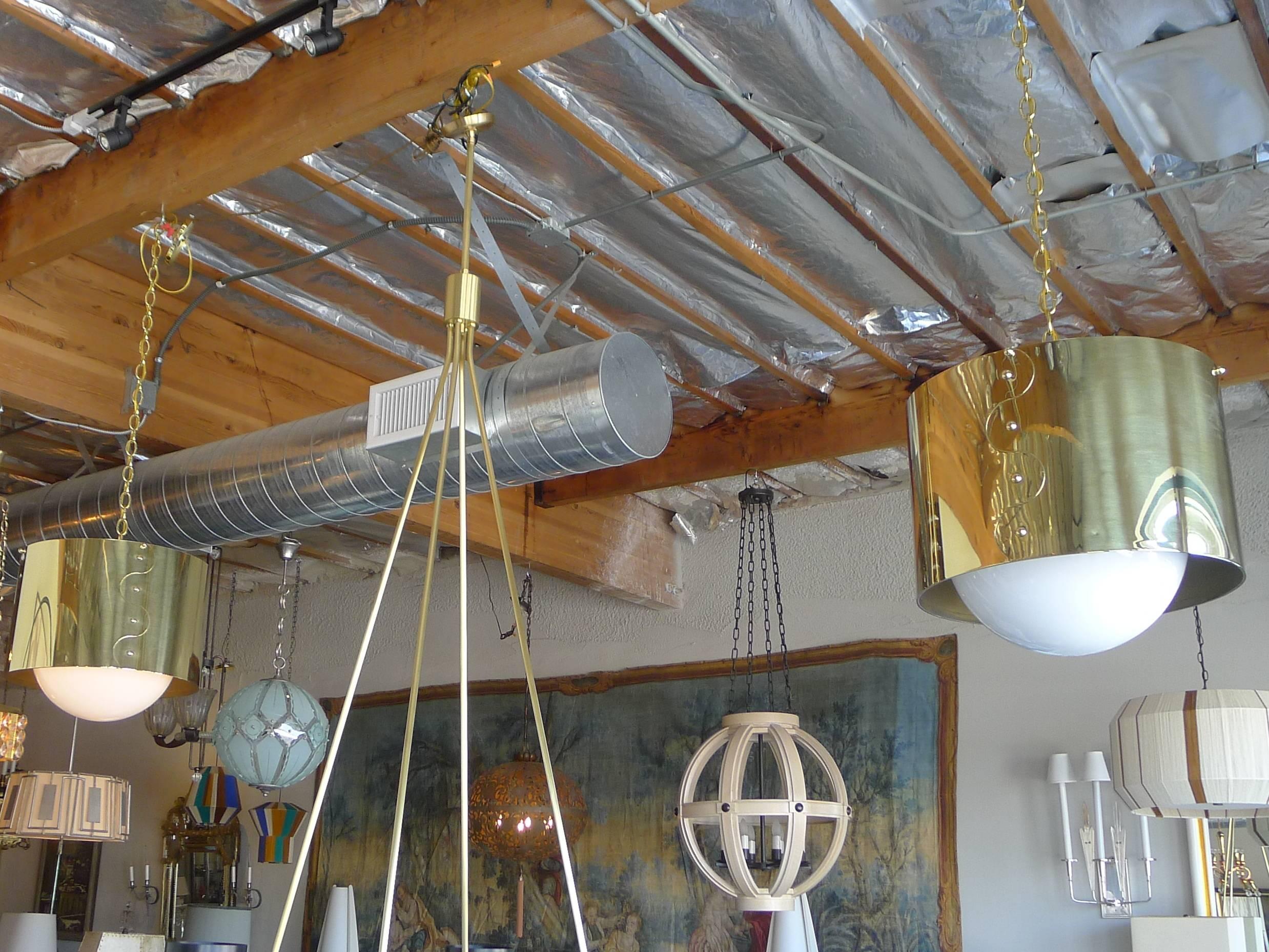 Polished Mid-Century Pair of Brass Drum Restored Shaded Pendants For Sale