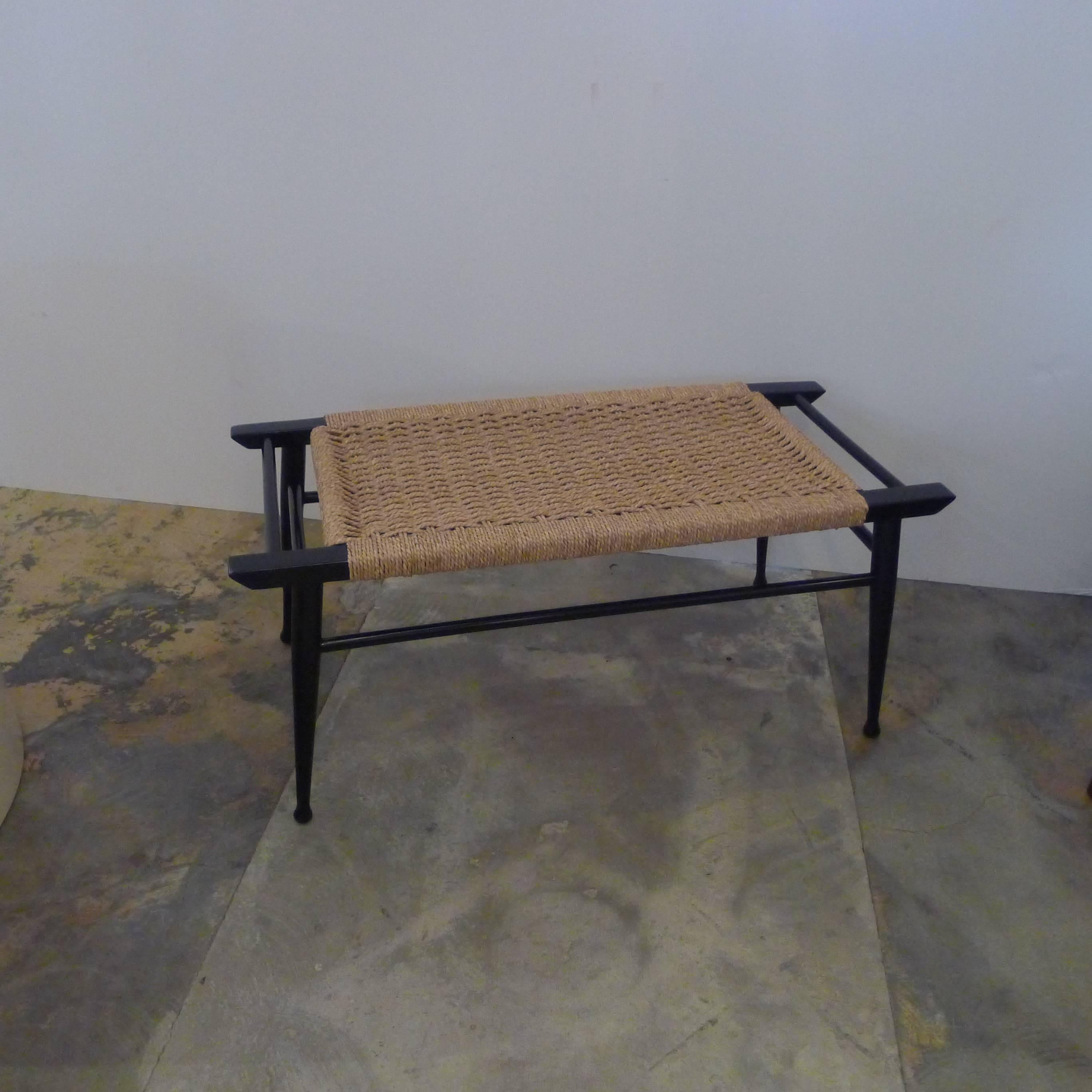 Mid-Century Modern Danish woven rush bench. Seat is tight and ready to use with refreshed black lacquer finish.