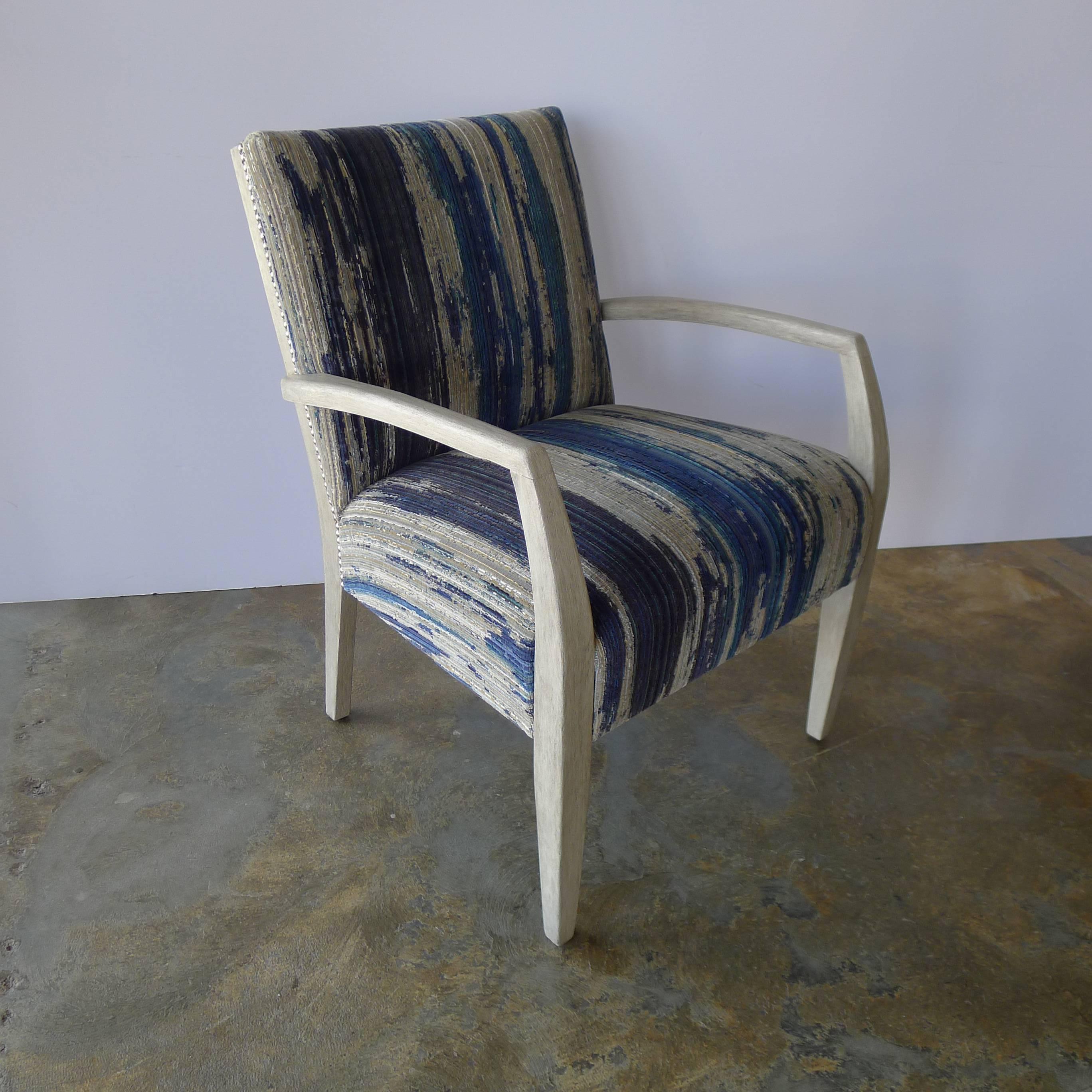 Totally restored early Mid-Century occasional, lounge chair with new Pollack upholstery, satin nickel nailheads and light distressed gray finish. Comfortable and of good design.