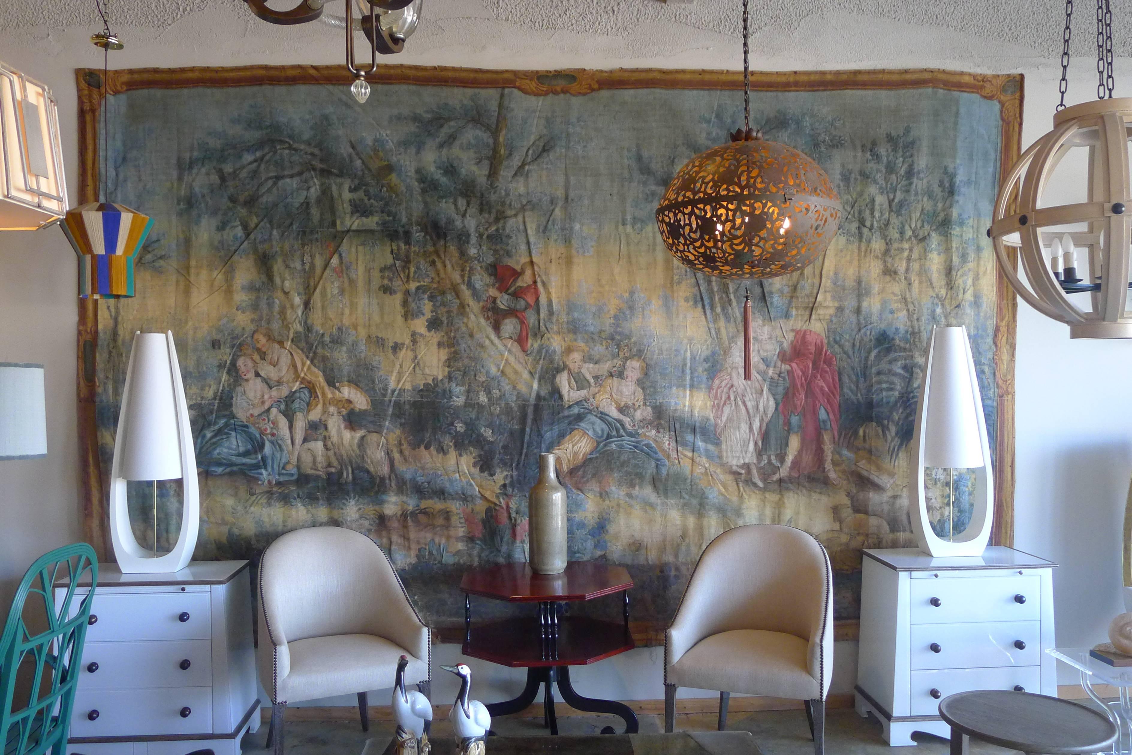 Monumental 14-foot wide Rococo pastoral fete galante painting from the mid-18th century. This is in the tapestry style, and is oil painting on un-stretched canvas. The canvas was stretched out to create the large size.

See all photos. Canvas has