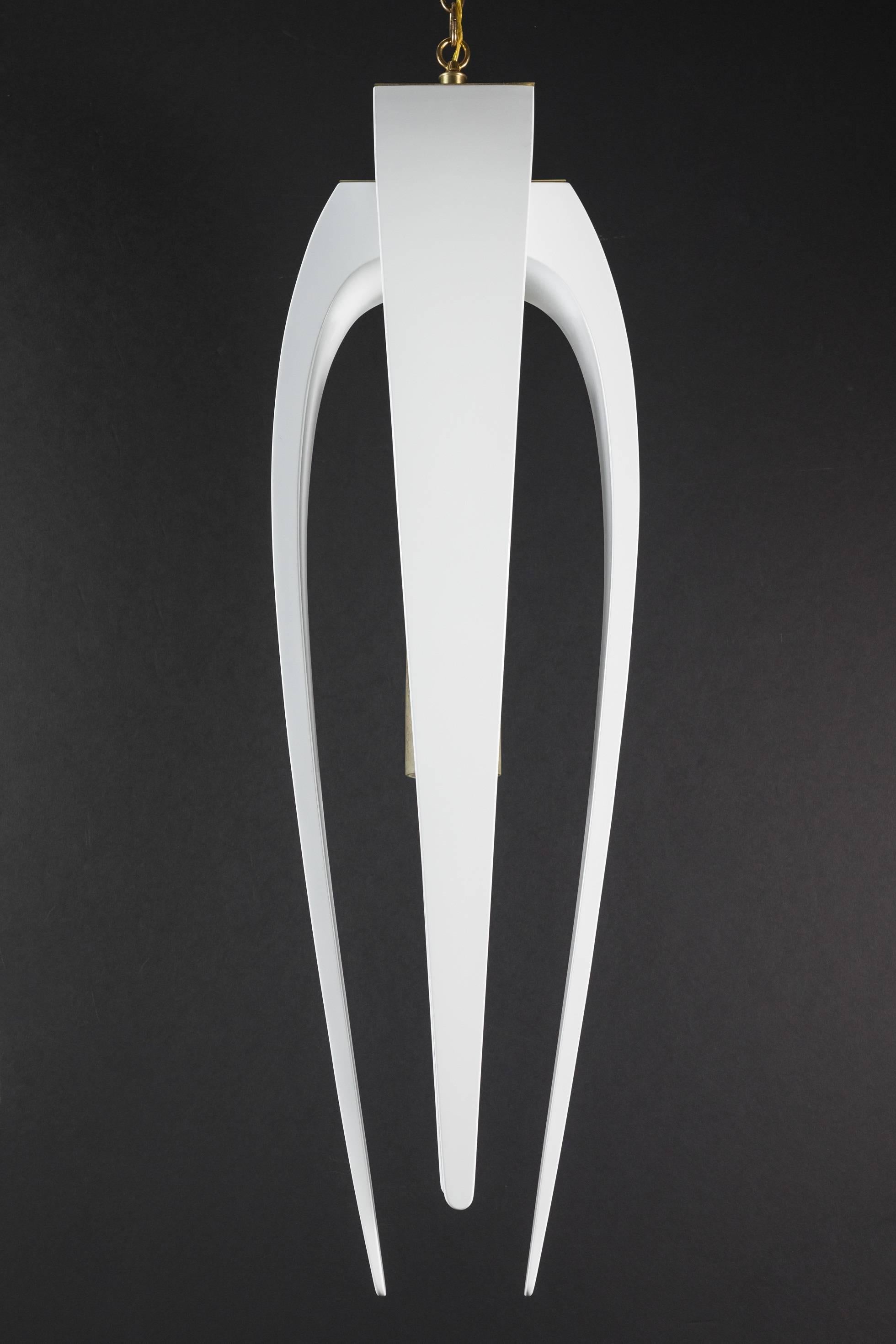 Double wishbone pendant by Paul Marra. A sculptural, modern statement pendant. Brass and lacquered wood with mercury glass wash cylinder. The overall drop height including canopy, chain and fixture is 69