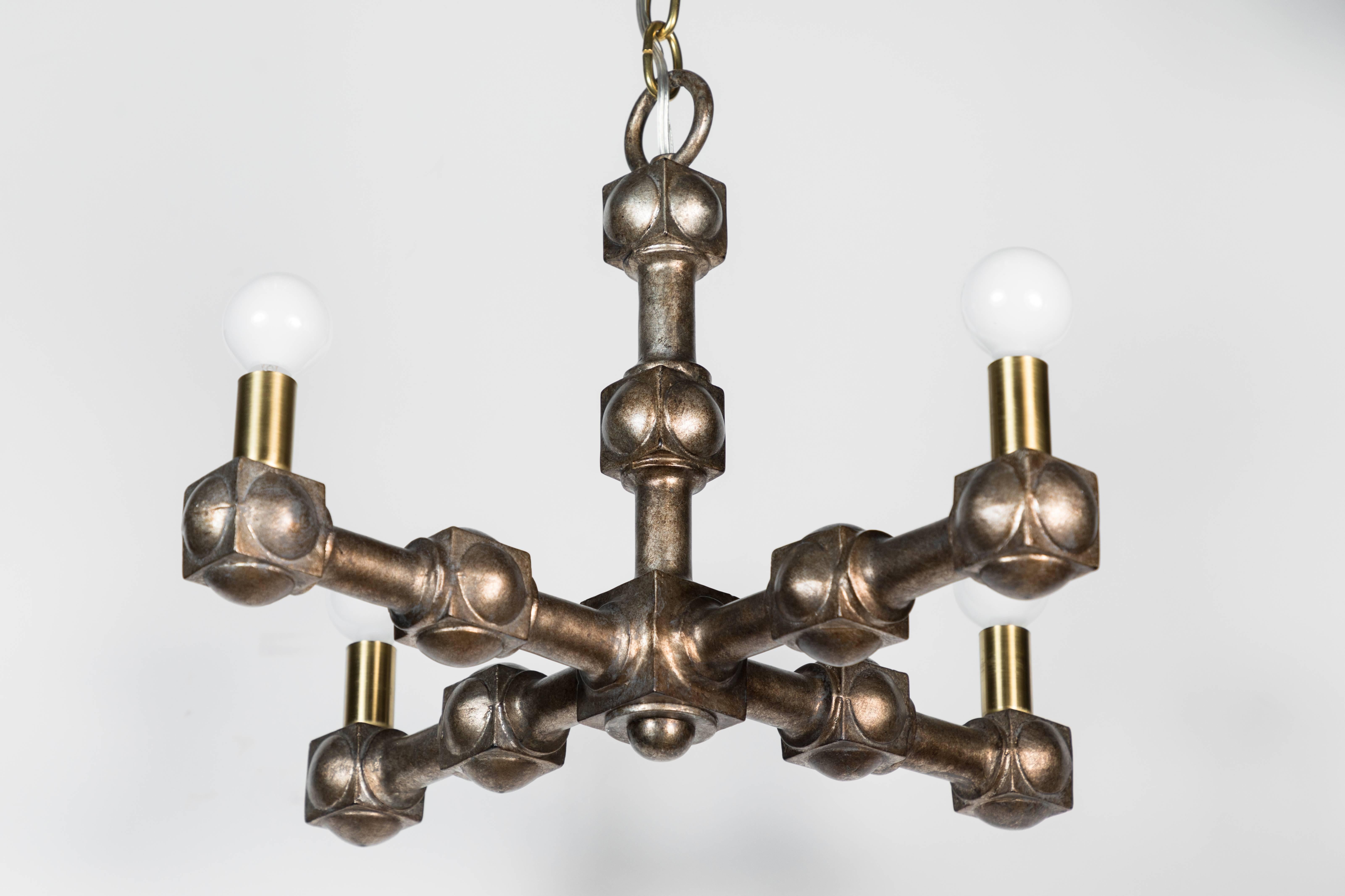 Mid-Century 1970s restored cast metal chandelier. Modern style. New champagne finish, new electrical, brass chain and canopy. Measurements provided are of the fixture and the overall drop is 43