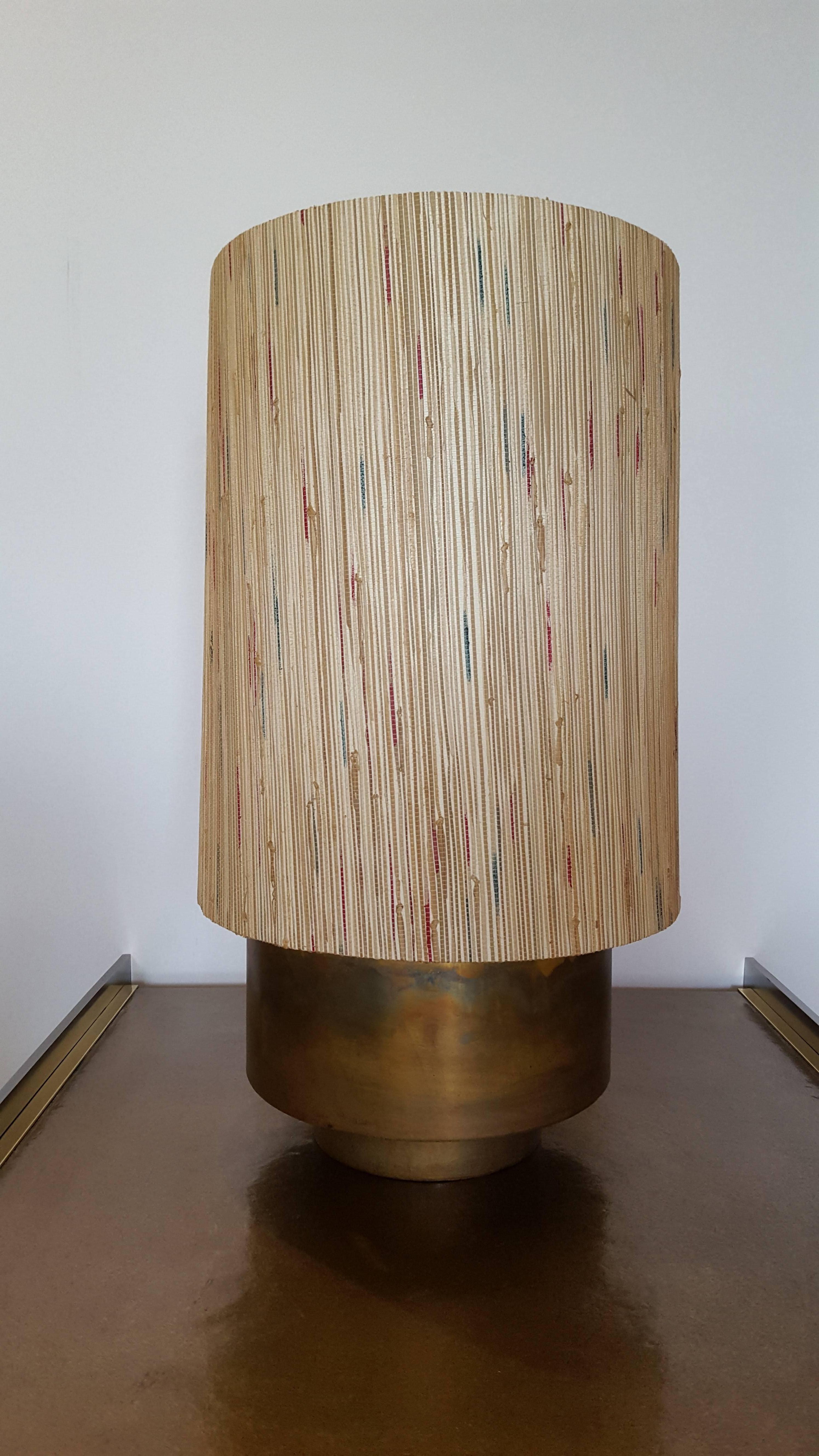Modern Brass Table Lamp with Custom Grasscloth Shade by Paul Marra In Excellent Condition For Sale In Los Angeles, CA