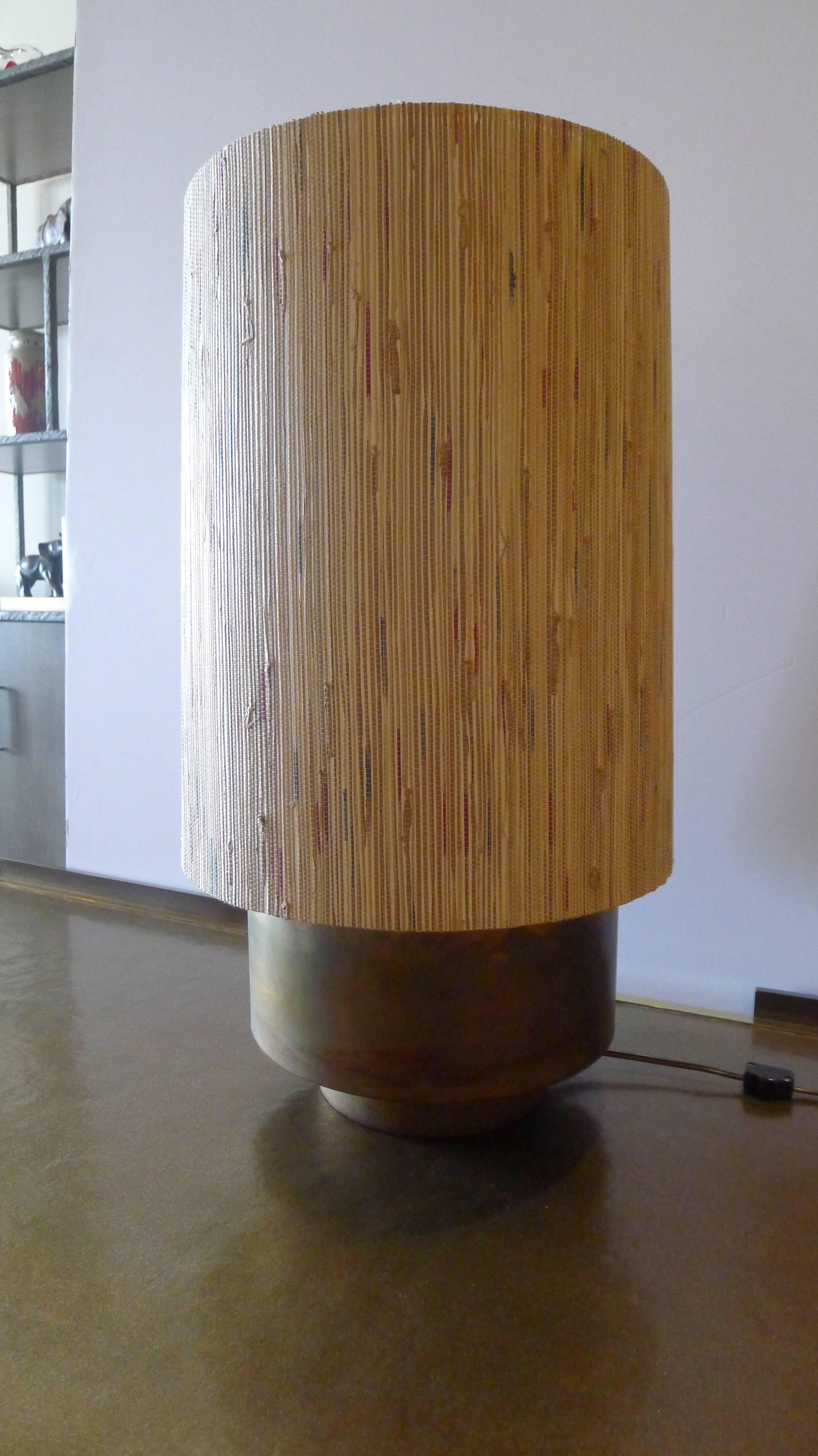 Modern Brass Table Lamp with Custom Grasscloth Shade by Paul Marra For Sale 1