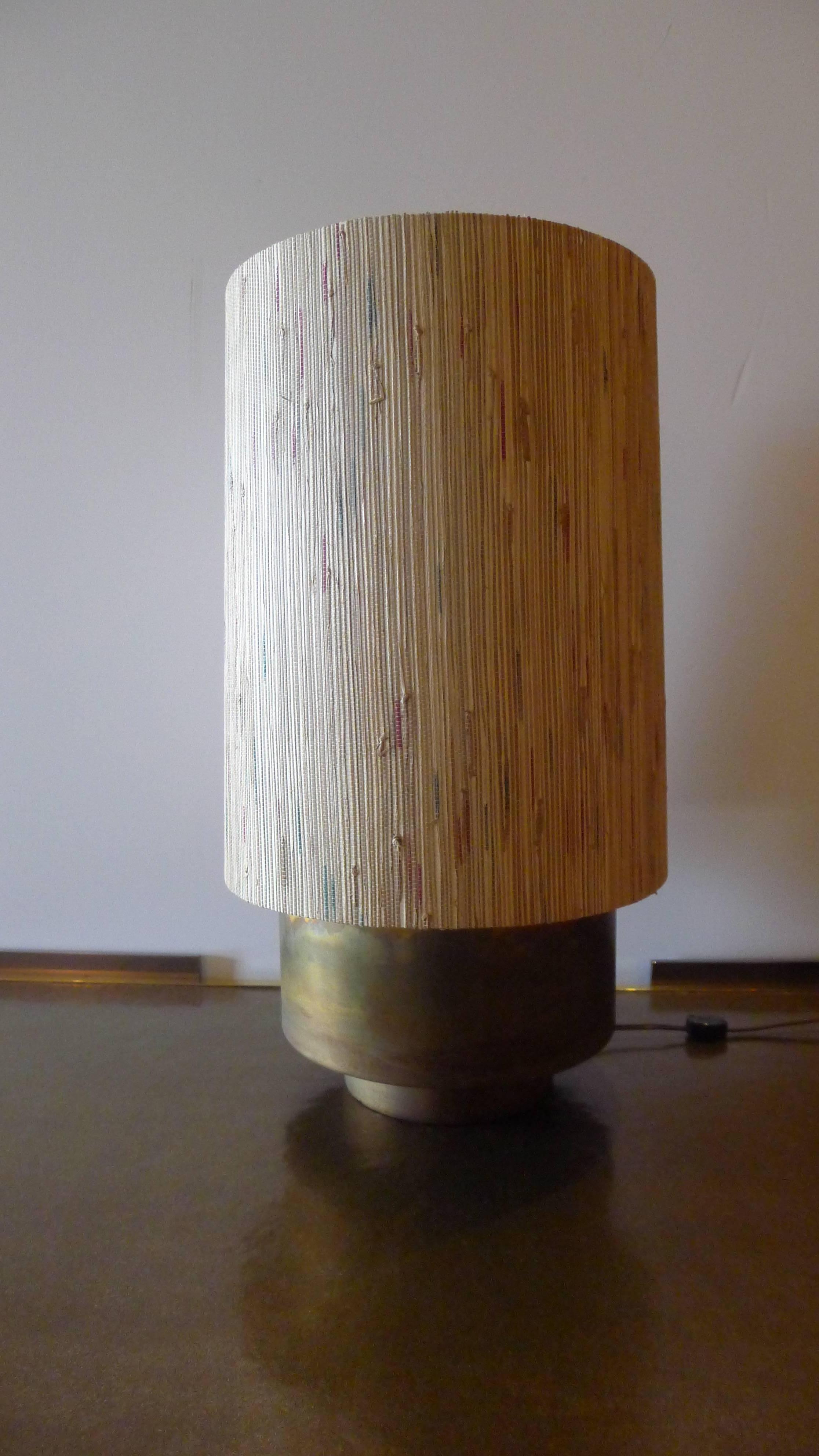 Contemporary Modern Brass Table Lamp with Custom Grasscloth Shade by Paul Marra For Sale