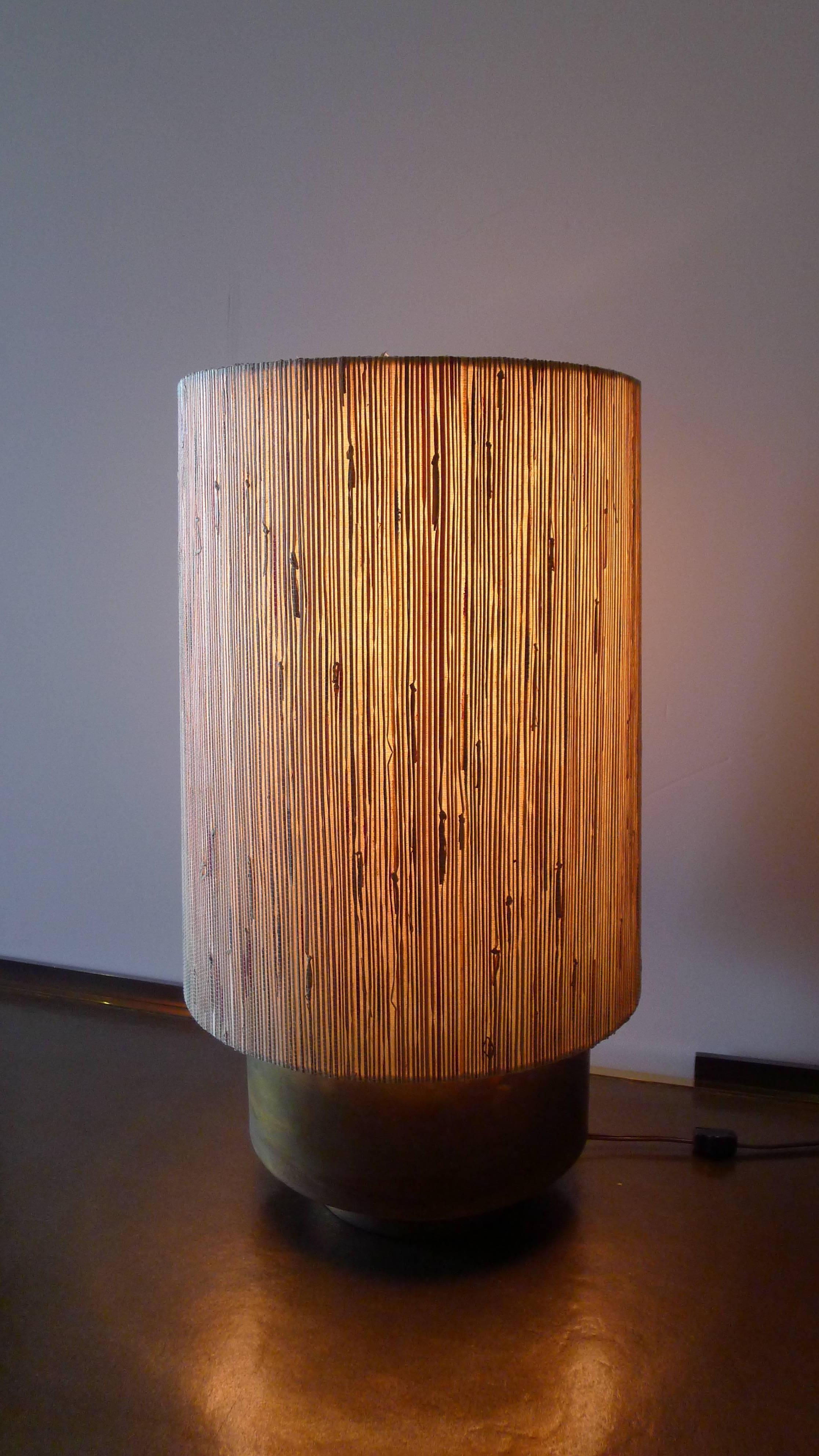 American Modern Brass Table Lamp with Custom Grasscloth Shade by Paul Marra For Sale