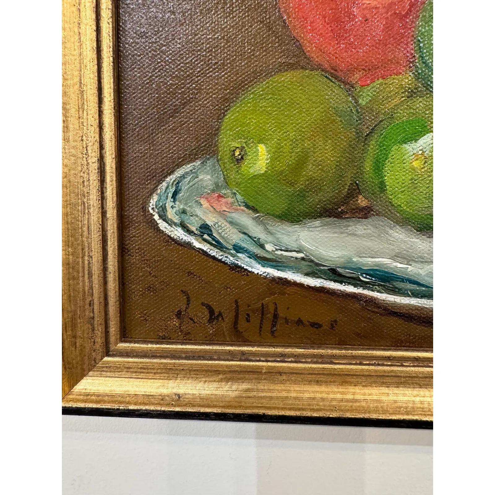 Dieses schöne Stillleben eines Obsttellers ist das perfekte Küchenstück. Die Originalkunst eines lokalen Künstlers zeigt eine farbenfrohe Gruppe von Limetten mit einem einsamen Apfel. Holen Sie sich dieses farbenfrohe Ölgemälde in einem stabilen