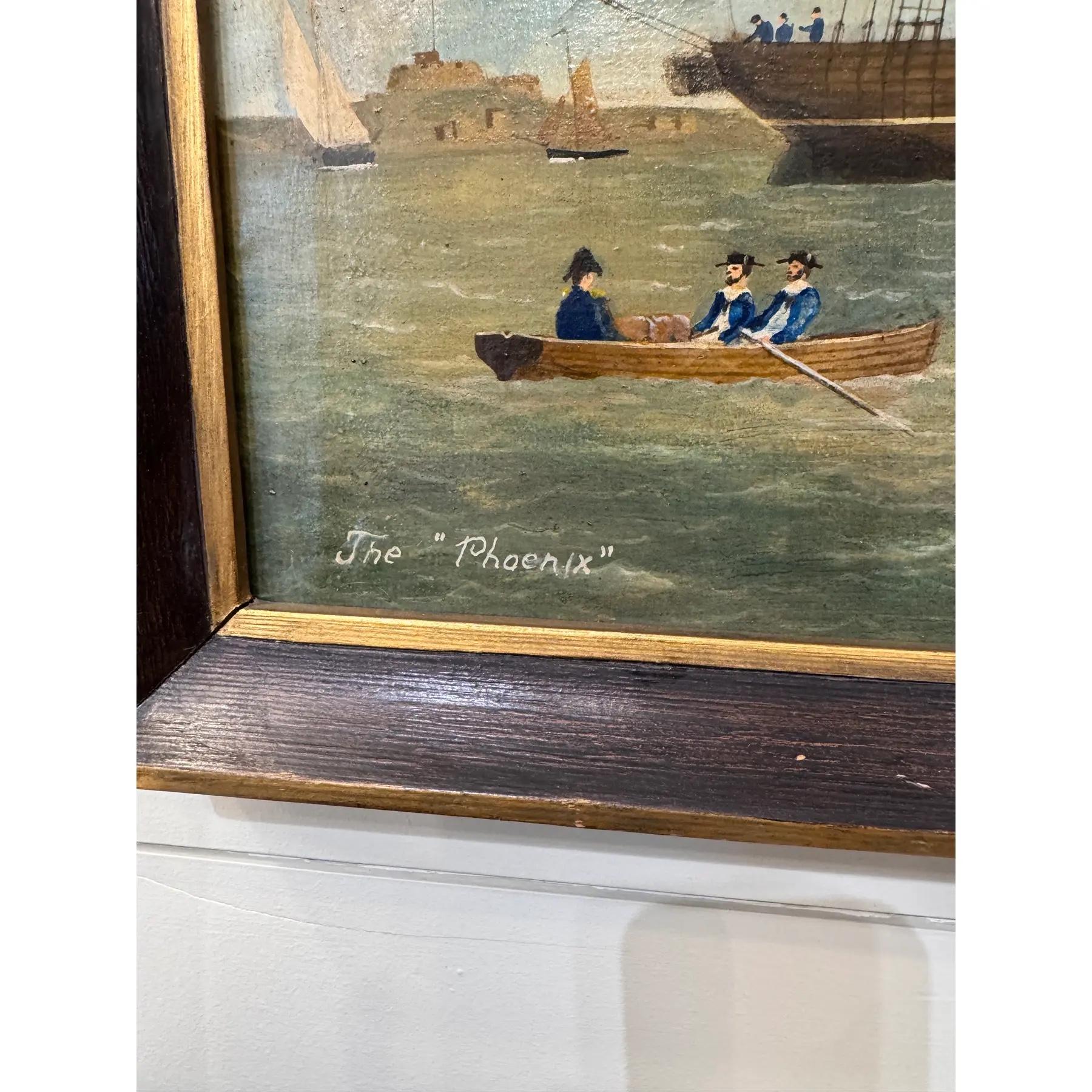 Dieses schöne Öl auf Leinwand zeigt ein englisches Marineschiff und einige seiner Besatzungsmitglieder. Drei Masten halten eine Reihe von Segeln, während die Besatzung Rettungsboote belädt, Vorräte sammelt und die Segel bemannt. In der Ferne wird