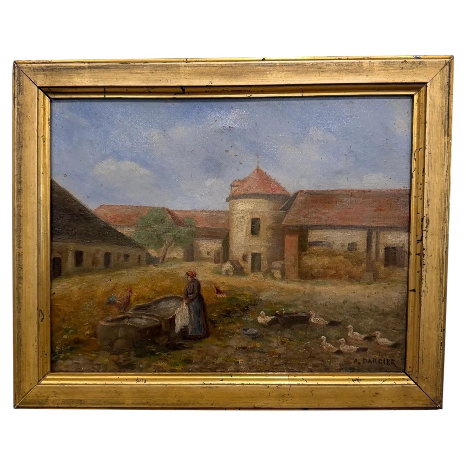 19th Century Oil on Canvas Landscape Painting, Signed, Rustic Decor For Sale