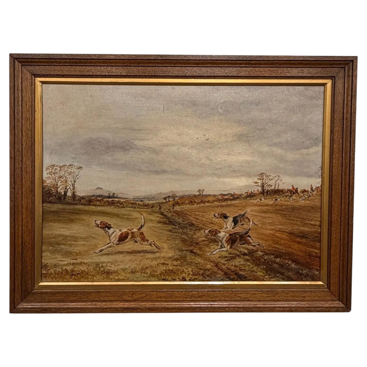 Óleo sobre lienzo inglés del siglo XIX: «Perros de caza del zorro» en venta