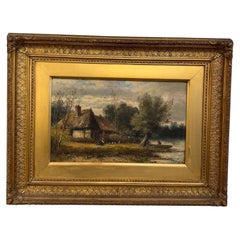 Late 19th Century Oil on Canvas 'Cottage by the Riverbank'