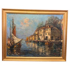 Original Harbor Scene Oil Painting 'Harbor Boats'