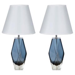 Elegant Pair of Faceted Blue Murano Glass Table Lamps
