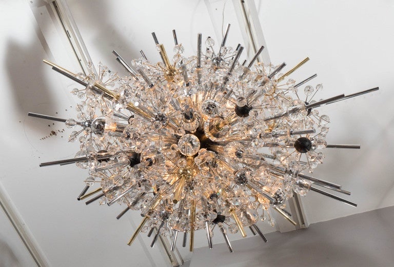 Custom crystal oval sputnik chandelier with ebonized spheres in brass and nickel finish. Customization available in different sizes and finishes.