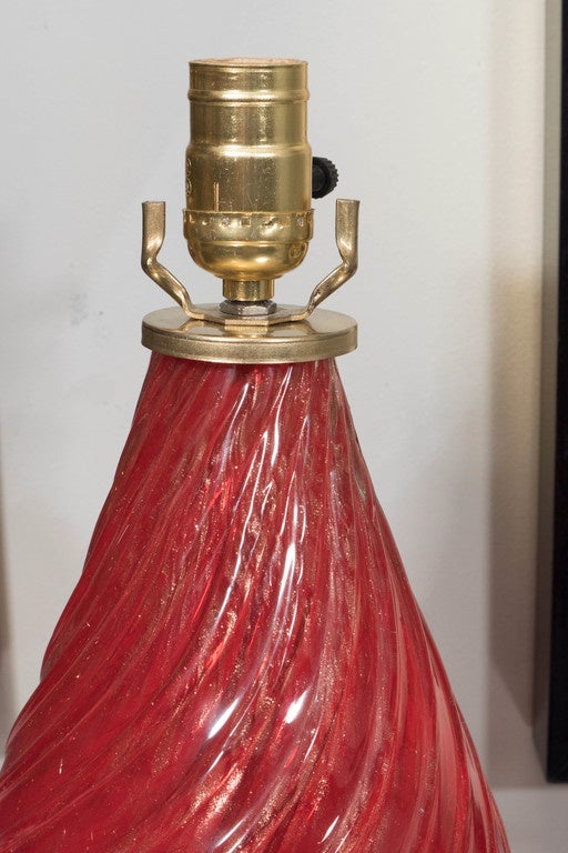 Single vintage red Murano glass lamp. The lamp is from 1950's and in excellent condition despite its age and use.
