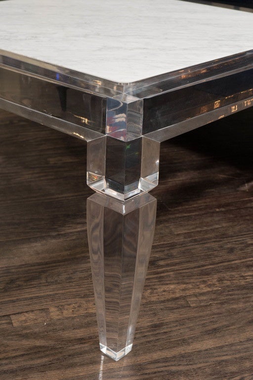 American Custom Lucite Table with Carrara Marble Inset Top For Sale