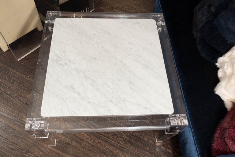Custom Lucite Table with Carrara Marble Inset Top In New Condition For Sale In New York, NY