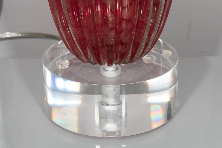 Acrylic Pair of Red Murano Glass Lamps