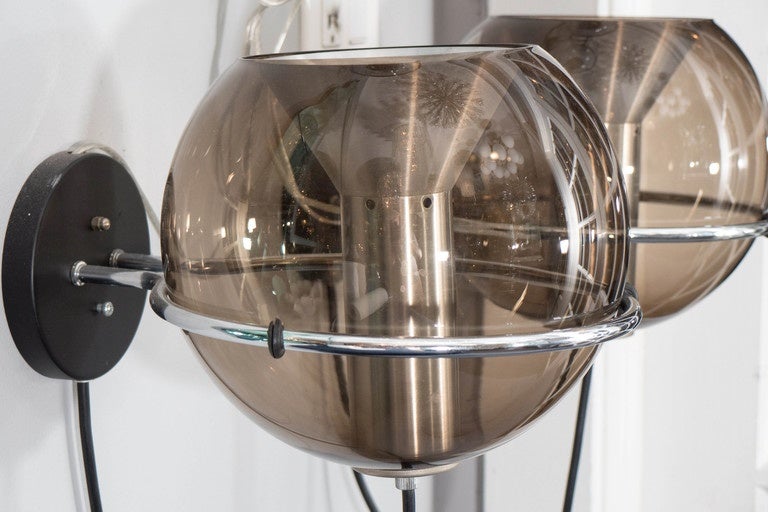 Modern Pair of 1970's RAAK Smoke Glass Globe Sconces