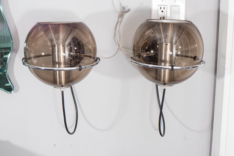 Dutch Pair of 1970's RAAK Smoke Glass Globe Sconces