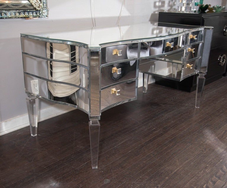 Custom glamorous mirrored writing desk with acrylic legs. Customization is available in different sizes, mirror finishes and hardware.