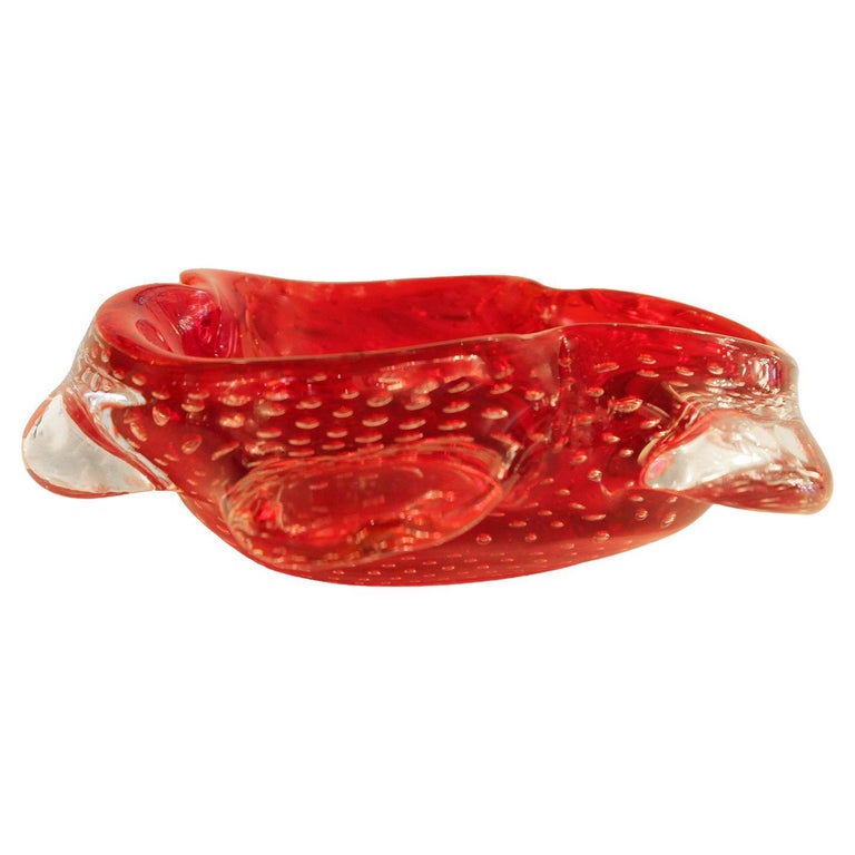 Murano red and clear art glass bowl with controlled bullicante and applied clear glass forms surrounding sides. Italian Mid-Century.