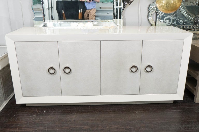 Custom lacquered sideboard with faux shagreen doors in pale gray and with custom hardware. Customization is available in different sizes, colors and hardware.